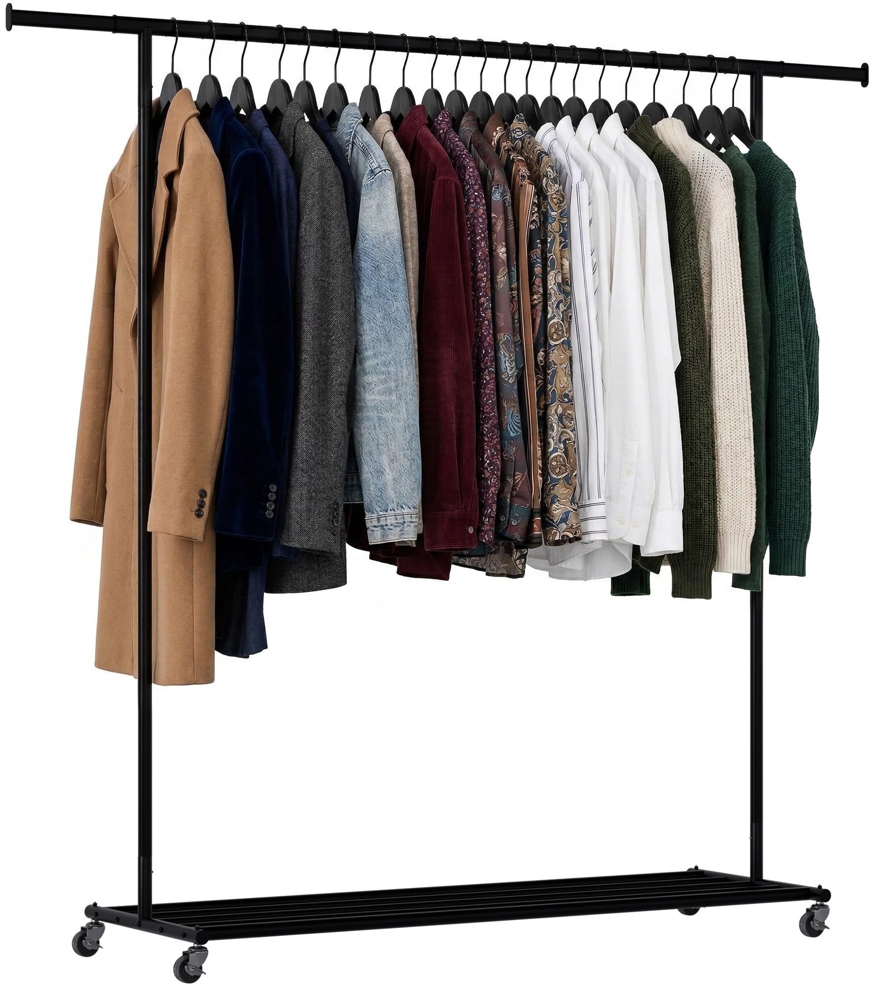 CLP Appendiabiti con ruote Bernis, guardaroba in metallo estensibile, barra robusta fino a 80 kg con ripiano portascarpe, Dimensione:XL