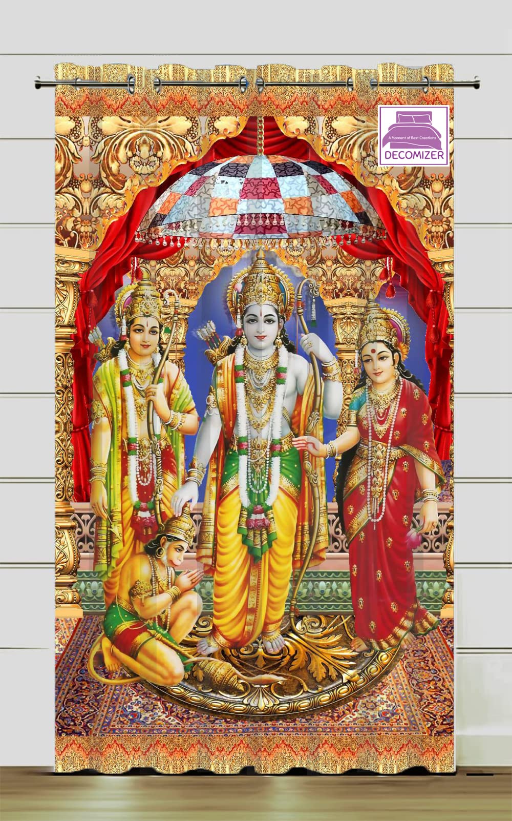 DECOMIZER 7Ft Grommet Door Opaque Curtain Pack Of 1 Pc 3D Ram Darbar Digital Printed Home Furnishing Polyresin For Indian Festival-Diwali, Mandir,Temple And Pooja Ghar 4 X 7 Feet, Set Of 1,Multicolor