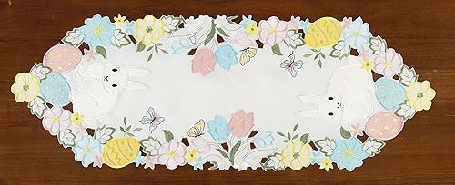 Miniatura 4 de Camino de mesa de Pascua con diseño de conejitos de primavera, huevos, flores, bordado, floral y conejos, huevos, tocador, bufanda, decoración de