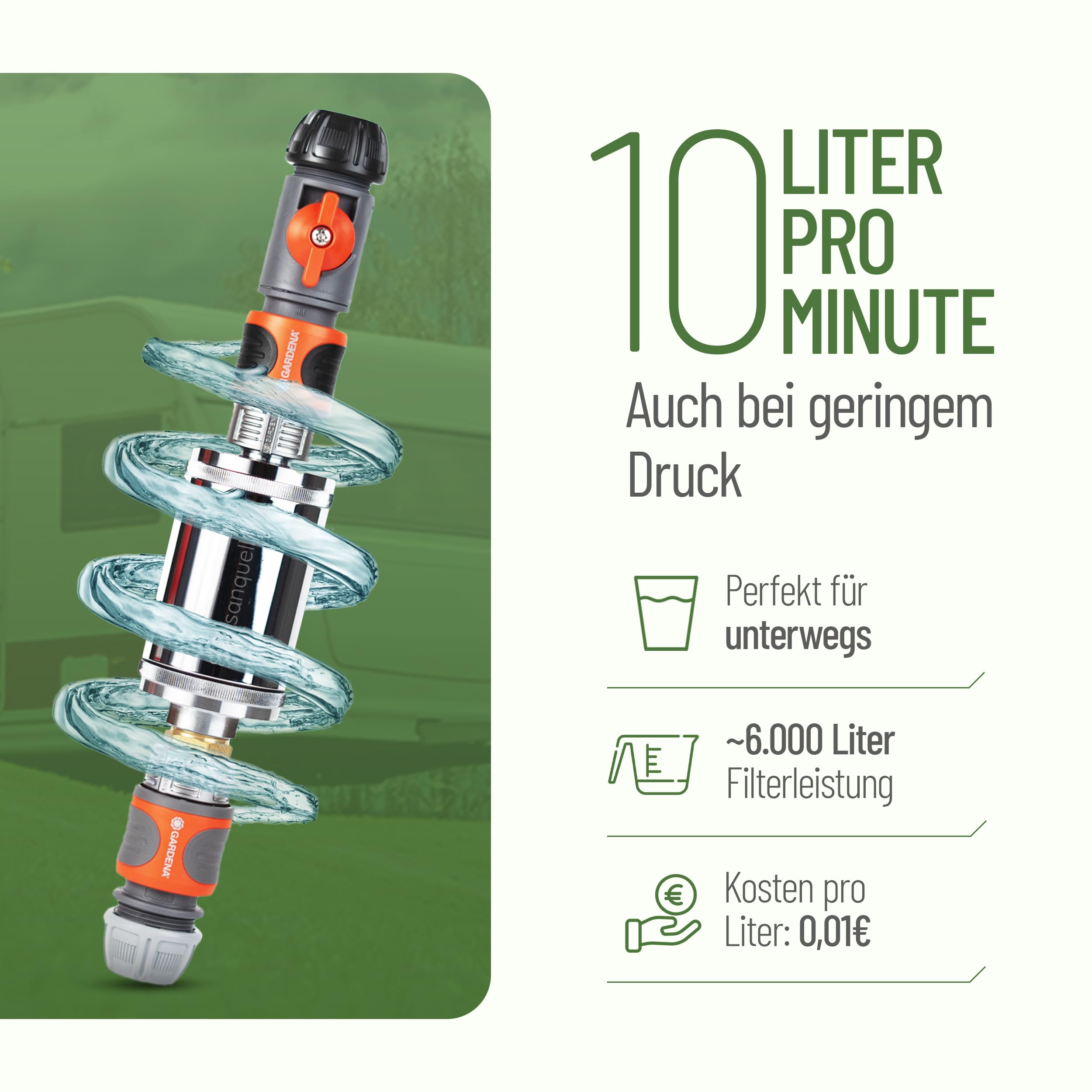 Wasserfilter Camping Wohnmobil, Wohnwagen Explorer | Keimsperre | Medizintechnik | Sauberes Trinkwasser unterwegs | Befüllfilter für Frischwassertank | Komplettset | bis 8 Liter/Minute | Silber