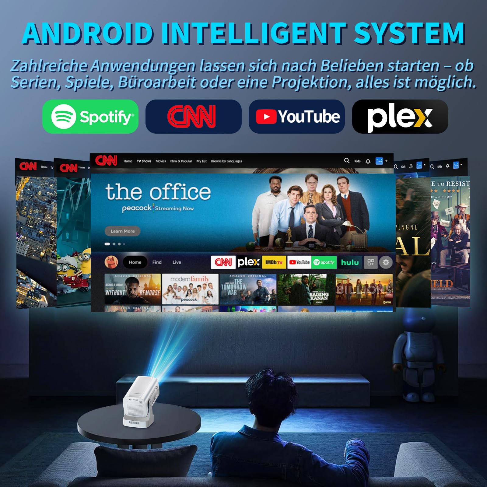 Mini proiettore 4K 1080P Bluetooth5.2 WiFi 6 con proiettore Android 11 4k home cinema 180° girevole Proyector con HDMI per Android/PC/HDMI/USB, bianco
