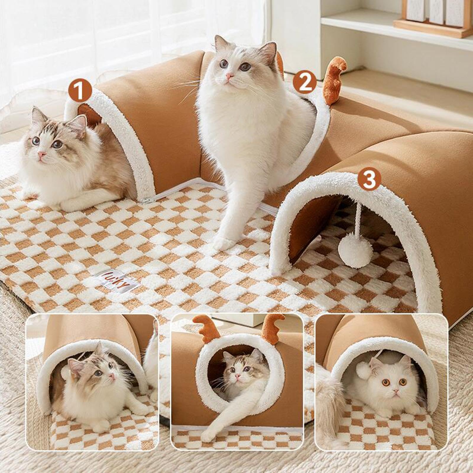 Tunnel en Forme de U pour Chats, Cachette et Centre de Jeu Interactif pour Petits Animaux, Chatons et Lapins, Marron S