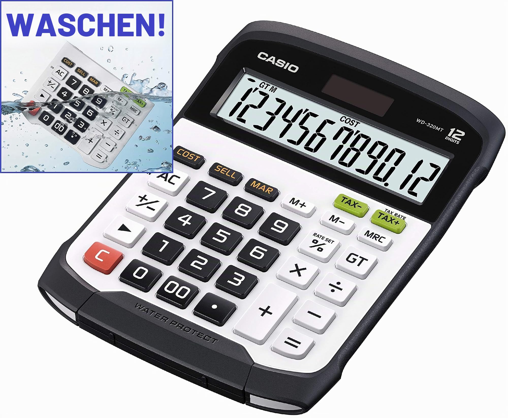 CASIO WD-320MT Spritzwasser- und staubgeschützter Rechner, 12-stellig, groß | Großes 12-stelliges Display, Stoß- und spritzgeschützt, Steuerberechnung, Cost-Sell-Margin, Prozentrechnung, IP54