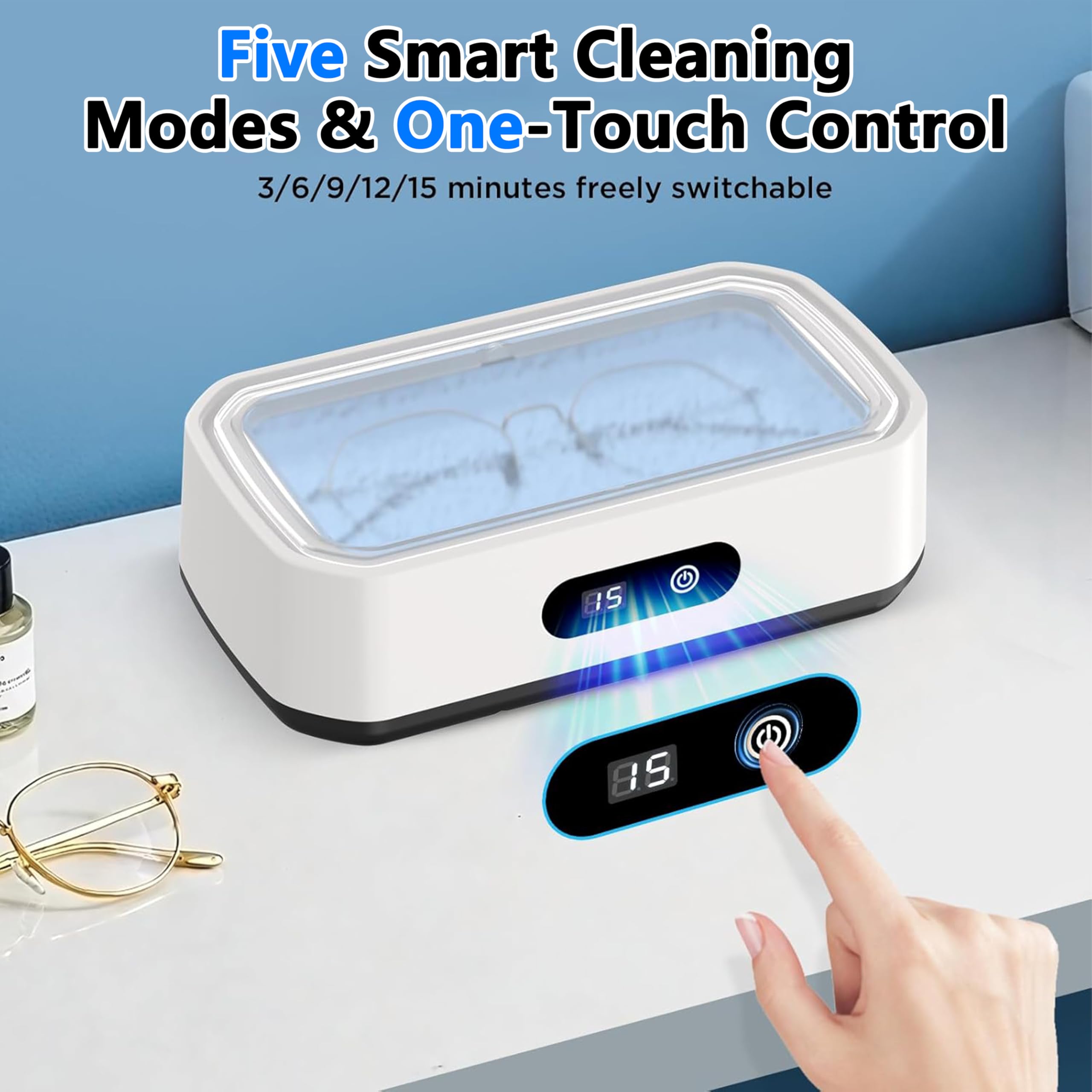 Limpiador ultrasónico de 49 kHz, gran capacidad de 650 ml, temporizador digital LED de 5 niveles, depósito interior de acero inoxidable 304, ideal para gafas, joyas, prótesis dentales, relojes