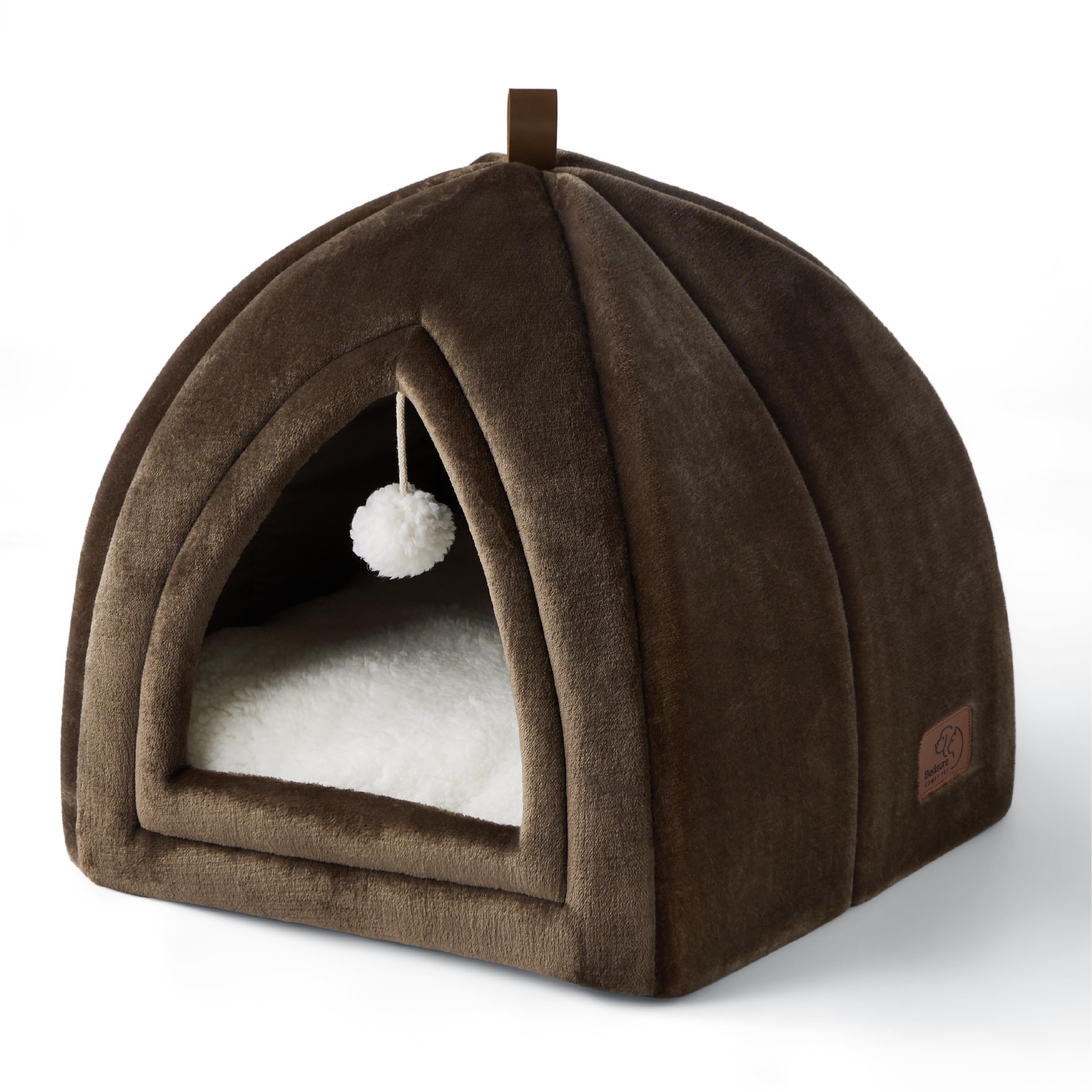 Bedsure Cat Cave Bed Indoor - Flannel Hooded Cat Igloo House, 40x40x40cm Enclosed Foldable Pet Bed with Removable Washable Cushion Pillow, Brown