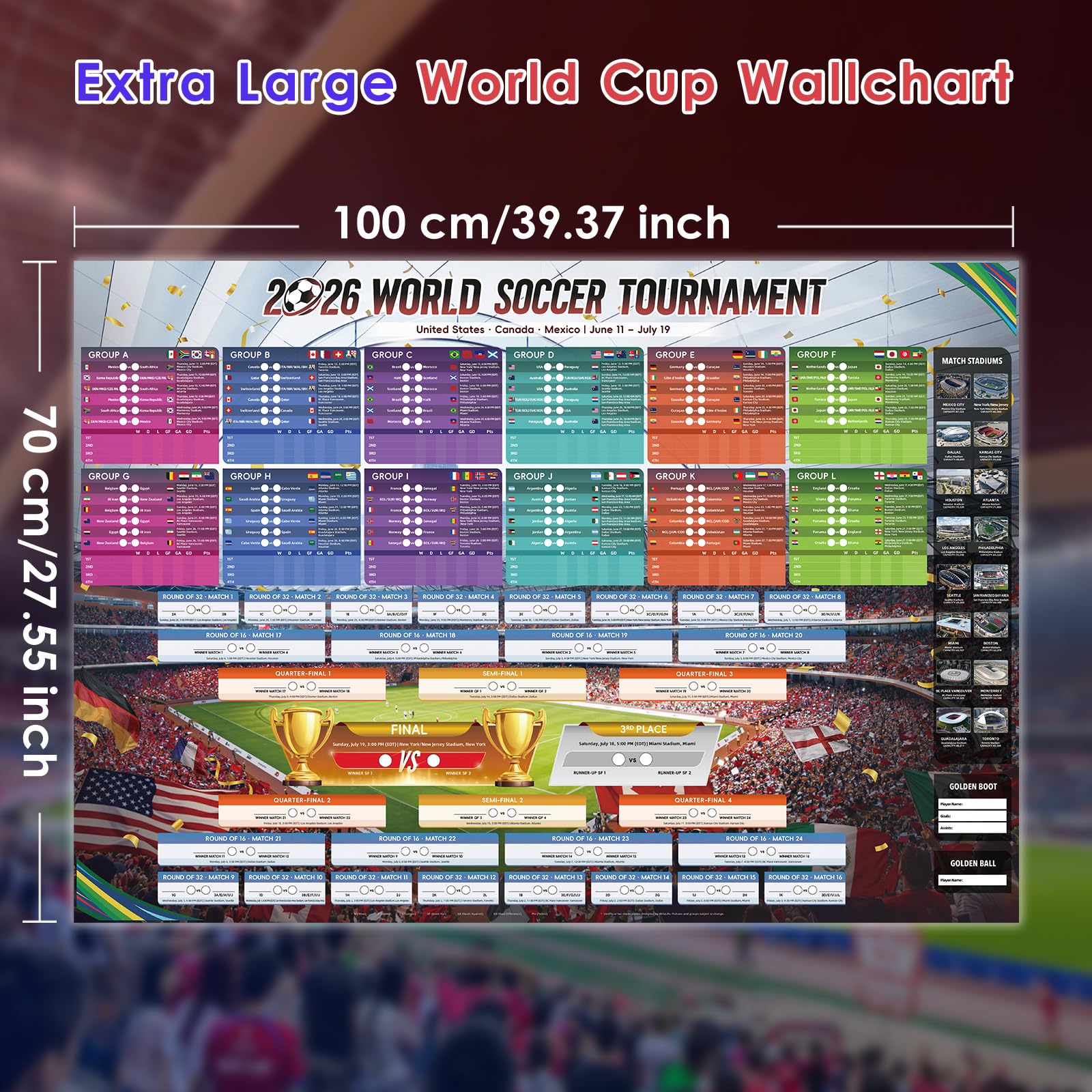 AhfuLife Extra Large Soccer Schedule Poster 2026, 39.4" x 27.6", 1 Pc Sports Calendar Wall Chart Decorations, Soccer Tournament Wallchart for Fans Home Office Bar Party Decor — view 2