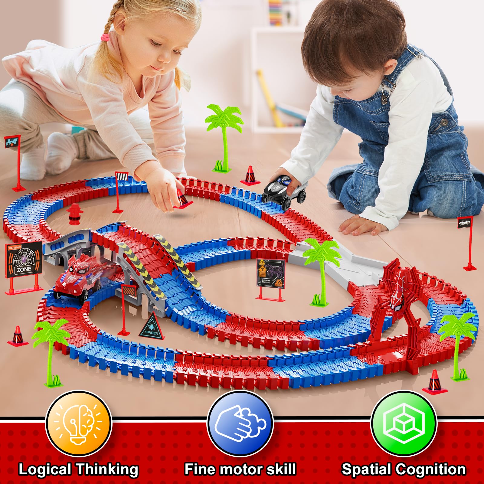 Spider Construction Race Track Set for Kids Ages 3-9, STEM Building Car Track Toys with Superhero Cars - Image 2
