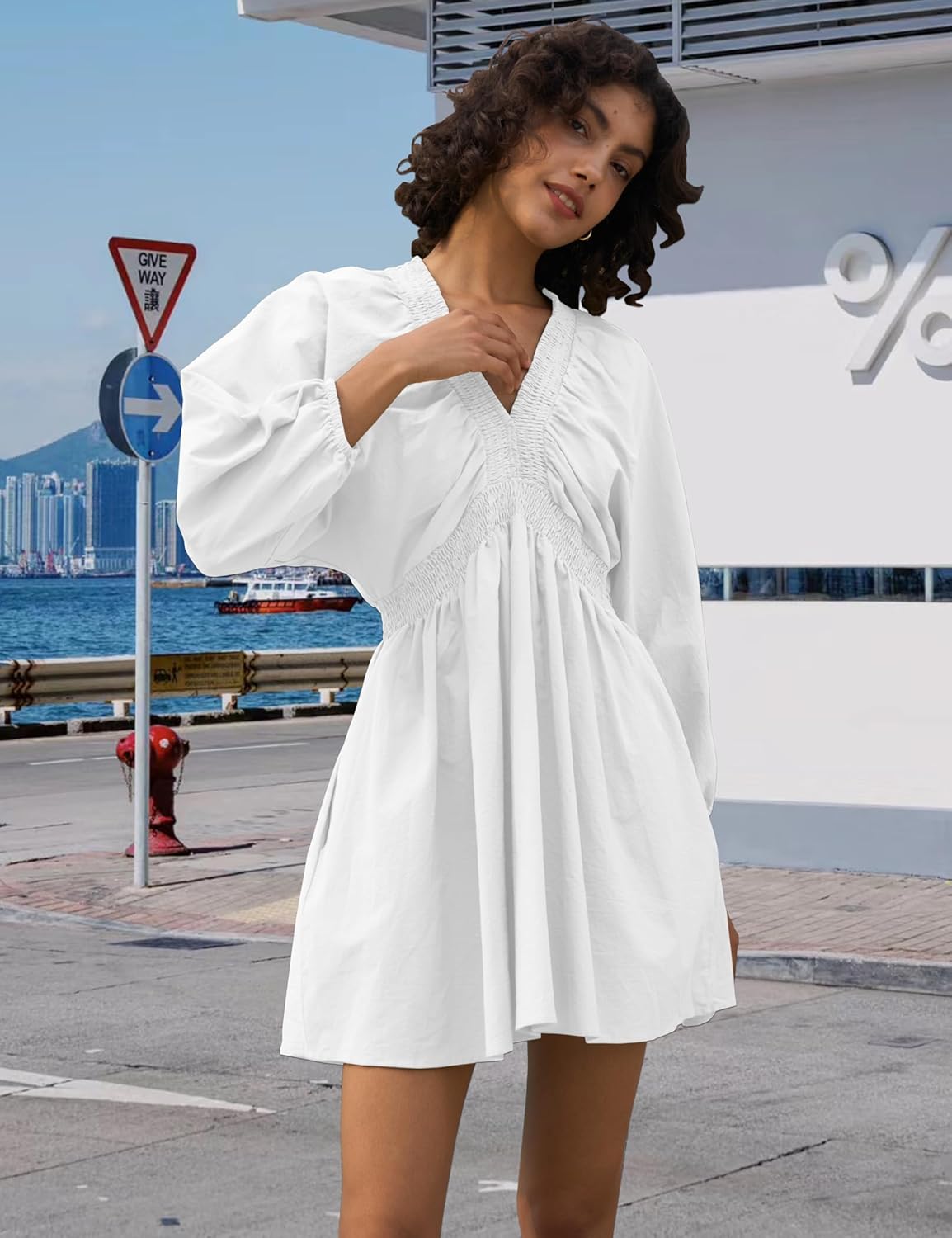 Women's Sexy Long Sleeve V Neck Tunic Dress Casual Loose Flowy Mini Swing Shift Dresses - Image 3