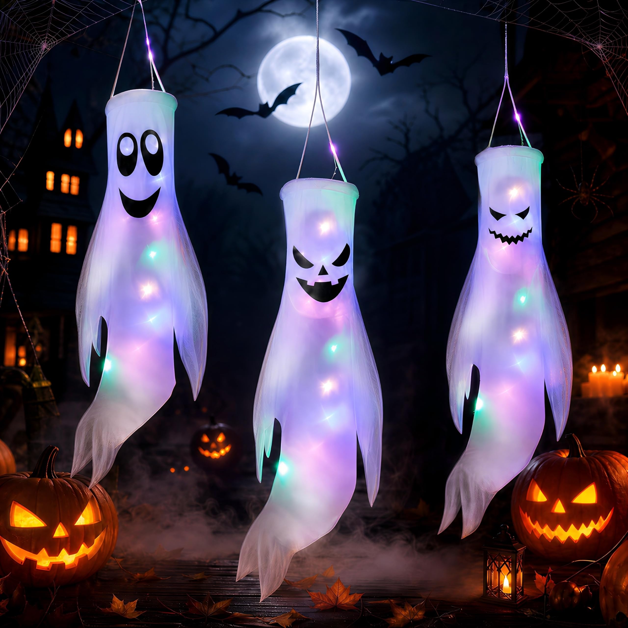 CNMTCCO Halloween Ghost Windsocks Flag, 3 Pcs Cute Flying Ghost Hanging Decoration with LED Lights, Bendable Fabric Windsock for Outdoor Yard Garden Door Window Decor