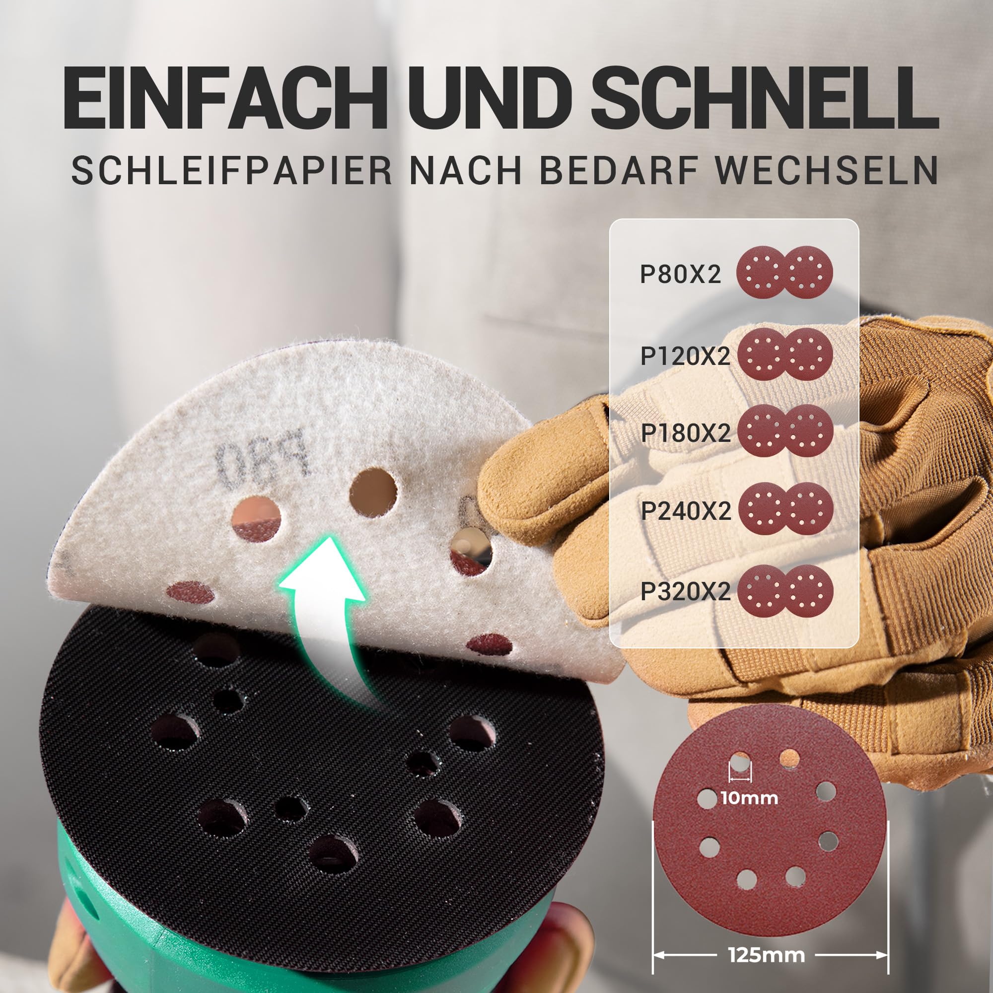 DCA Exzenterschleifer 300W, 125MM Schleifmaschine mit 6 Geschwindigkeiten, Max.12000 U/min, 0.3L Staubfangbehälter und Aubgeschützter Schalter, 10 Schleifpapier für Schleifen, Polieren von Holz, DIY