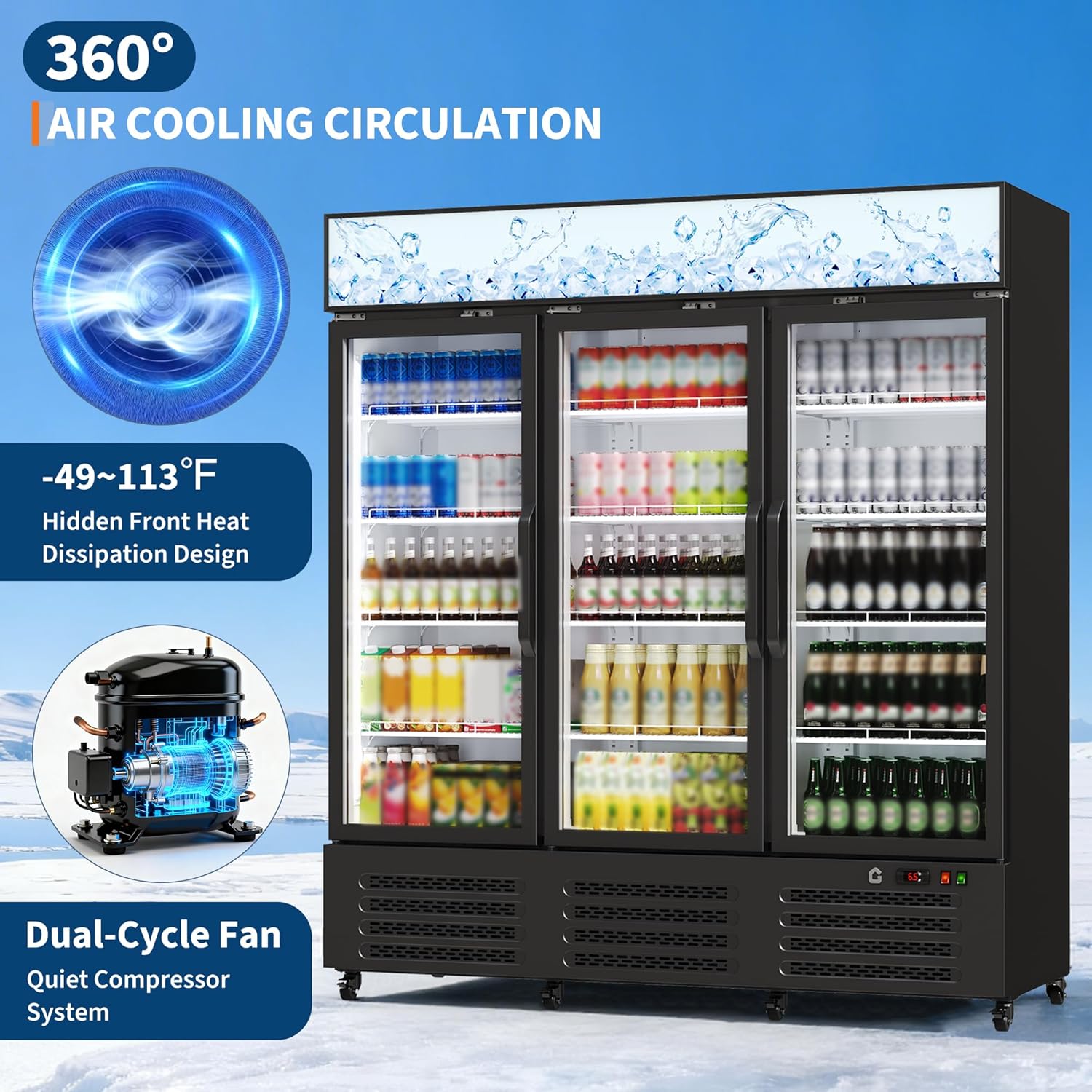 Commercial Beverage Refrigerator, 39/40 Cu.ft - 3 Glass Door Merchandiser Cooler - 360° Circulation Cooling, Adjustable Shelves, LED Lighting, Frost-Free, Heavy-Duty Castors, Energy Efficient, Black