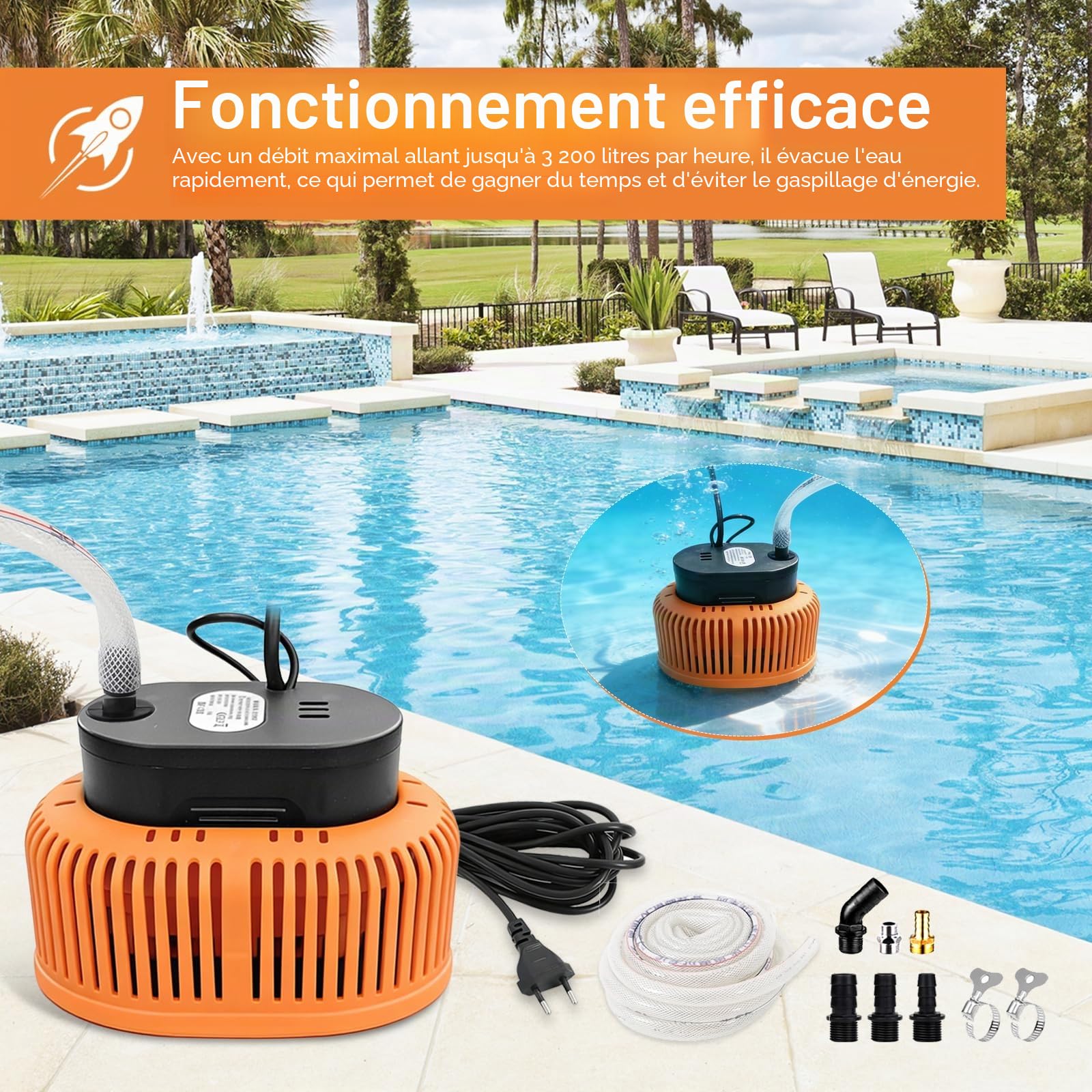 Pompe Submersible 75W, Pompe Vide Piscine 3200 L/H pompe de Couverture de Piscine avec Tuyau de 5 m et 6 Adaptateurs et Câble D'alimentation de 7,2 m Pour Piscines Caves Bassins