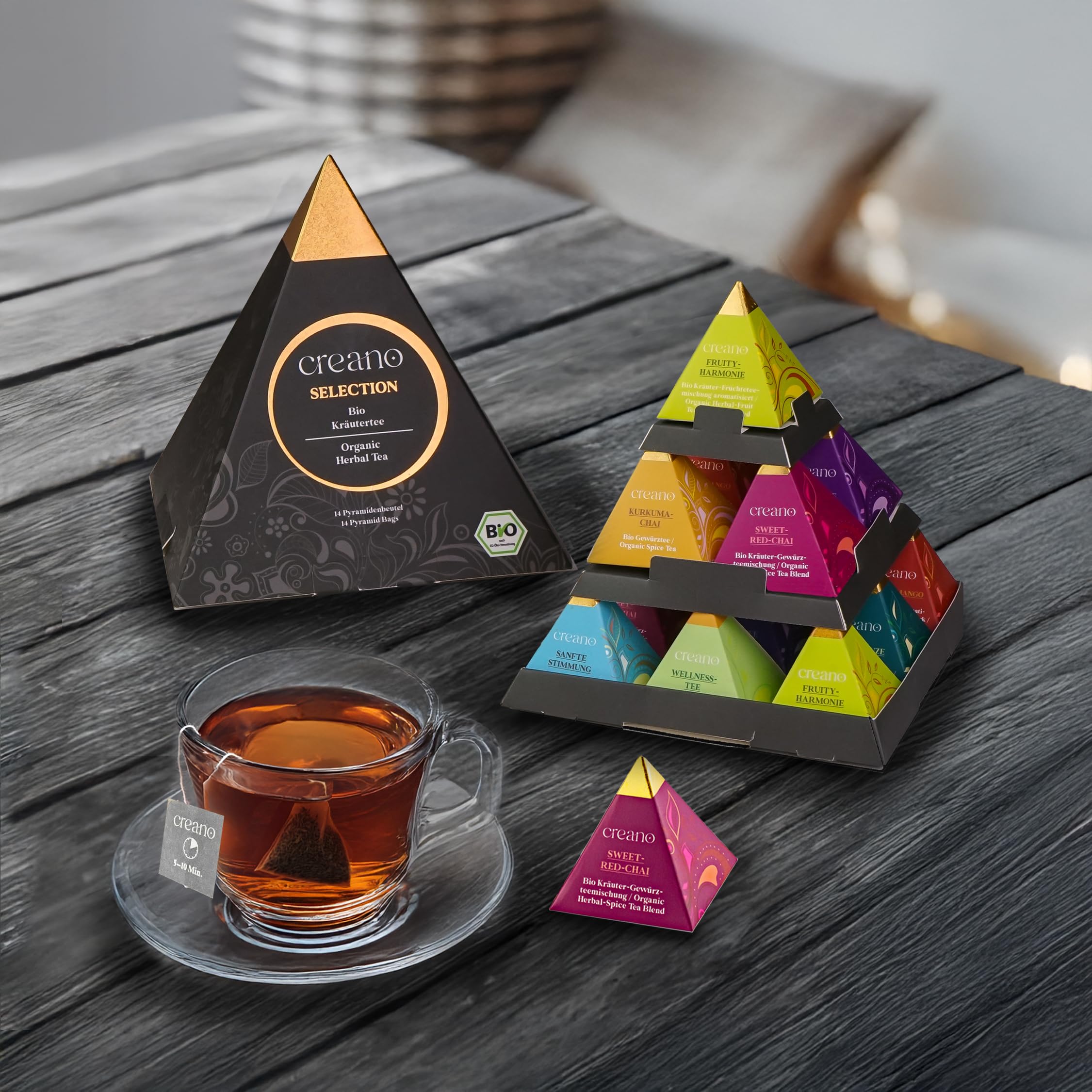 Creano Set de Regalo Té Bio Infusión Hierbas 24 Bolsitas Piramidales 9 Variedades Sin Cafeína