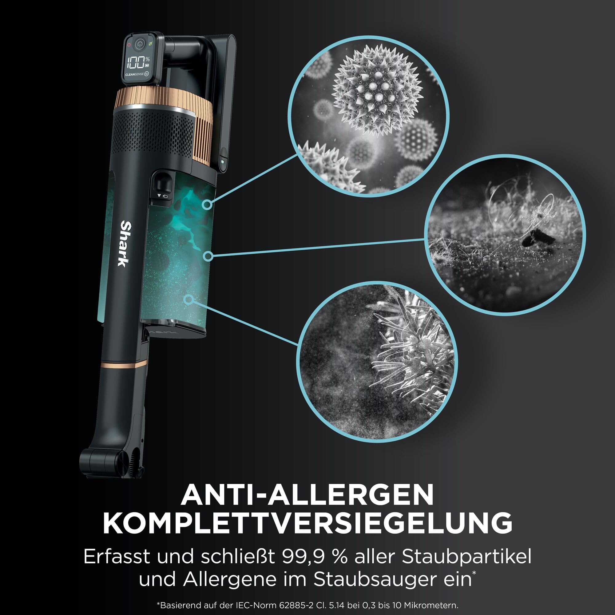 Shark Stratos Akku-Staubsauger freistehend, bis 60 Min. Laufzeit, kabellos, beutellos, für Tierhaare, Allergiker, Teppich und Hartböden, mit Auto-Kit und Knickgelenk-Rohr, grau/roségold, IZ400EUTBK