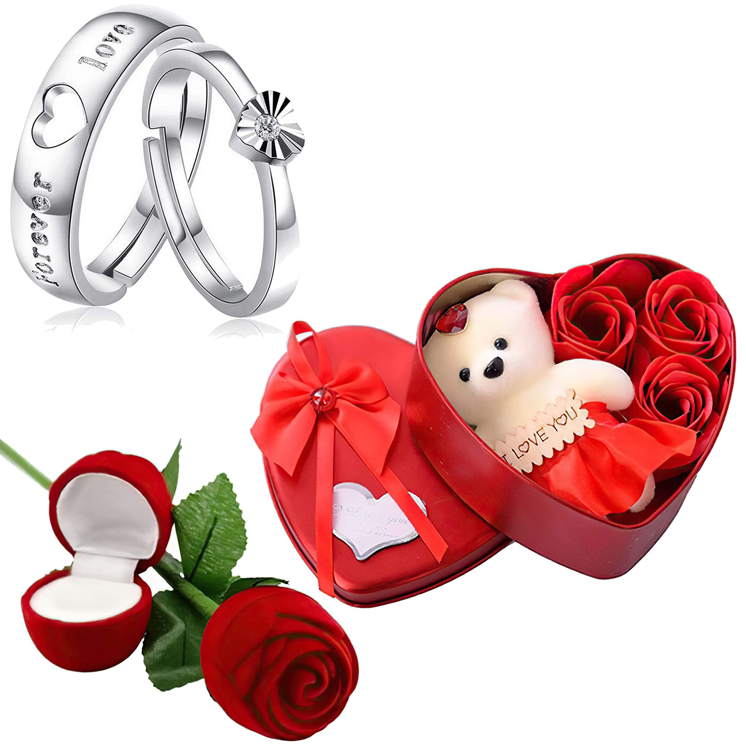 Fashion Frill Valentine Gift For Girlfriend Silver Heart Couple Ring Red Rose Ring For Women Girls Men Boys Valentines day Gift Heartbox with Teddy Gifts For Wife Girlfriend (B0BSC39W91) Amazon Price History, Amazon Price Tracker
