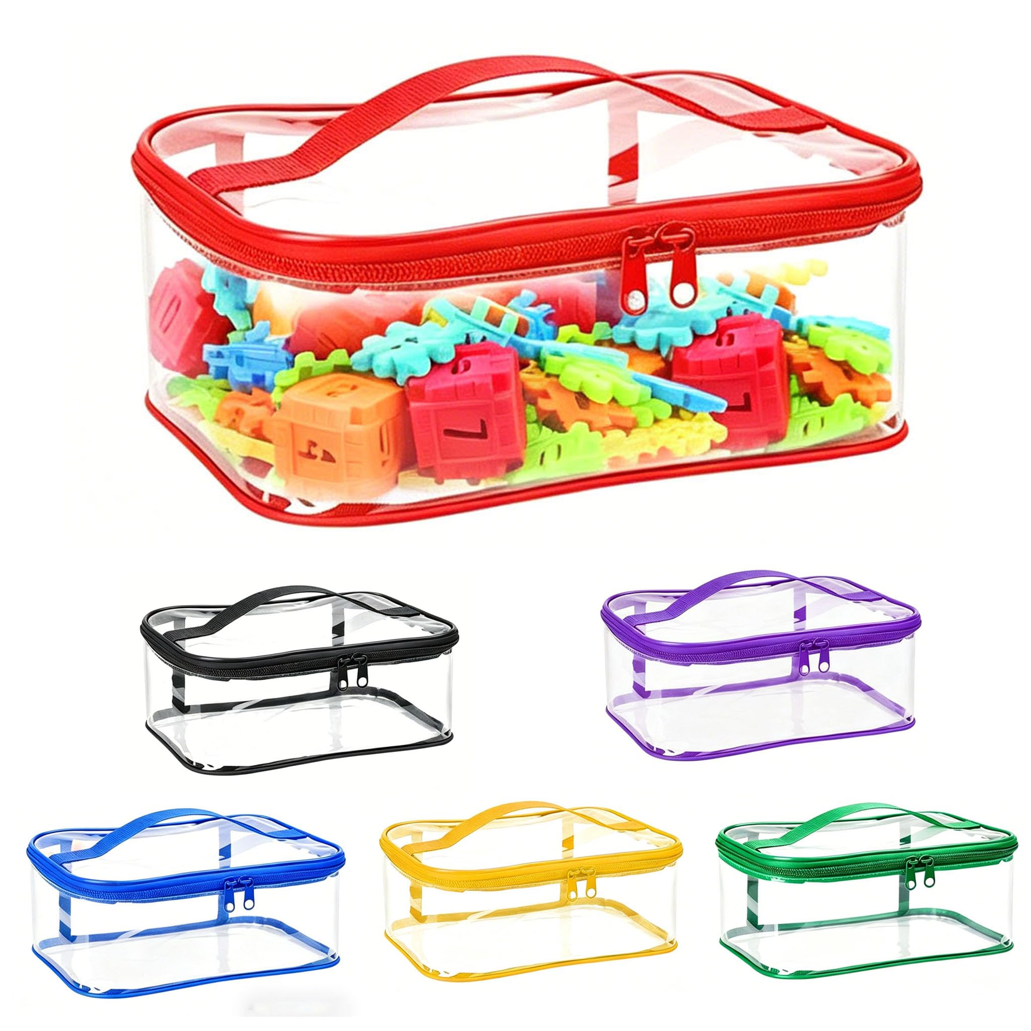 Clear PVC Toy Storage Bags with Handles 6 Pcs, Waterproof Toy Organizer Bags with Zipper, Reusable Travel Storage Pouches for Building Blocks Puzzle Balls Bath Toys, 6 Colors 24x17.5x11cm