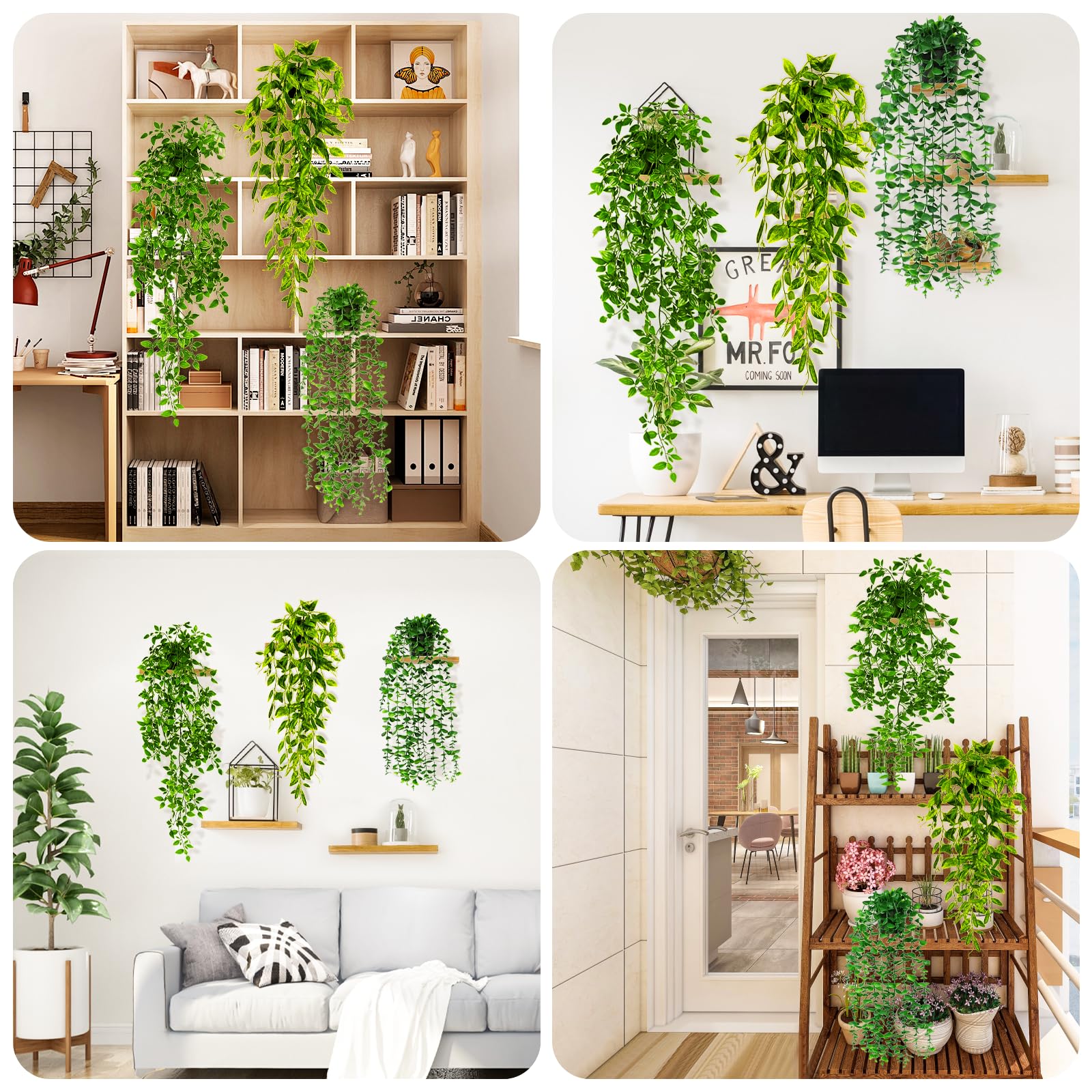 3 Piante Artificiali Appese a Zero Manutenzione - Decor per Interni, Balconi e Ufficio con Mandala, Piselli ed Eucalipto - 3 Dimensioni 80cm/63cm/56cm