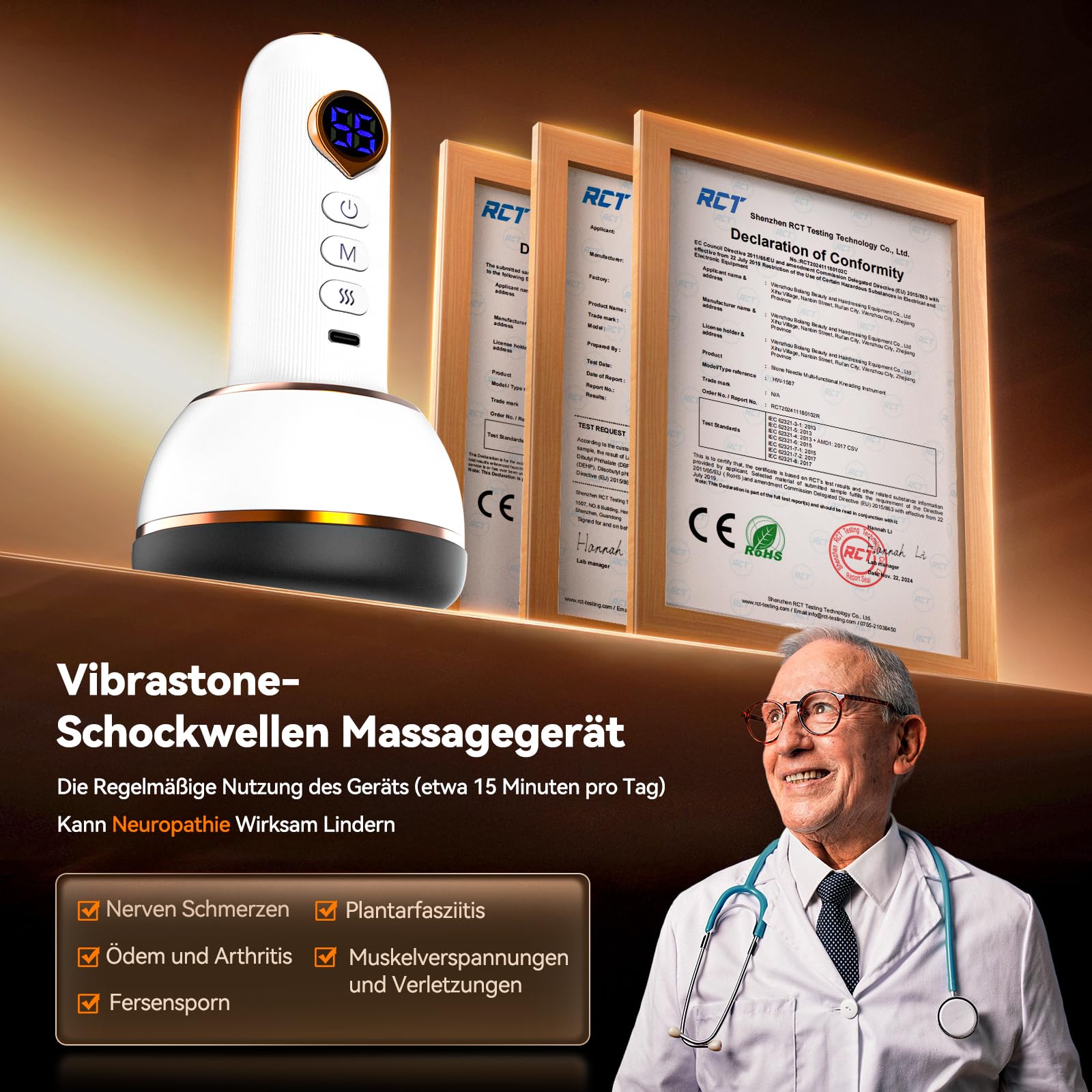 Vibrastone 6.0, Lymphatisches Massagegerät mit 25 Vibration und Heizkombinationen 2026, Gua-Schockwellenmassage für Neuropathie, Krampfadern, Entspannung für Füße, Hände und Rücken, Weiß