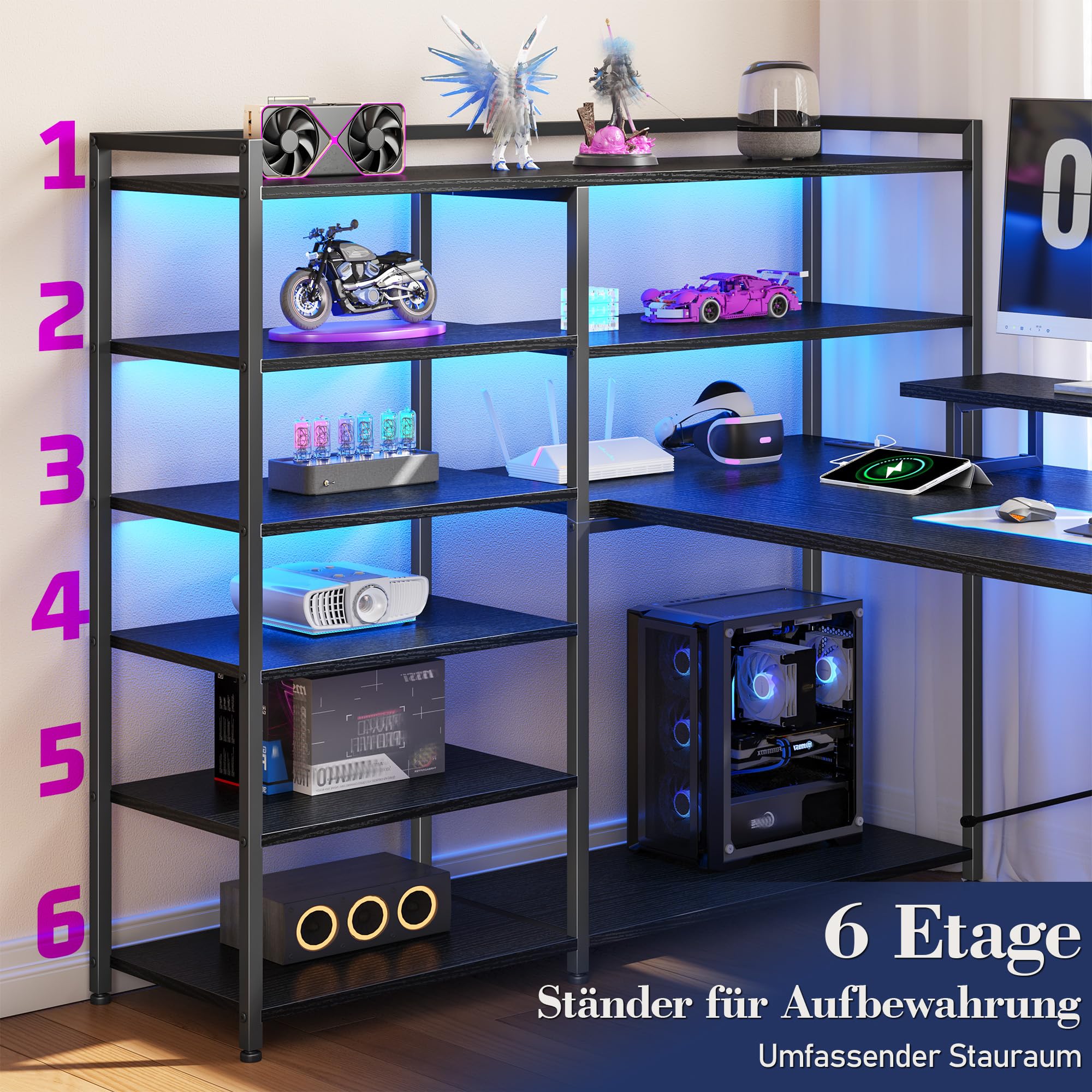 160 × 100cm Eckschreibtisch mit Stauraum und LED | U Form Gaming Tisch mit 2 Schubladen, 6 Regal, Monitorhalterung, Steckdosen, Reversibel, für Homeoffice, Gaming, Schwarz