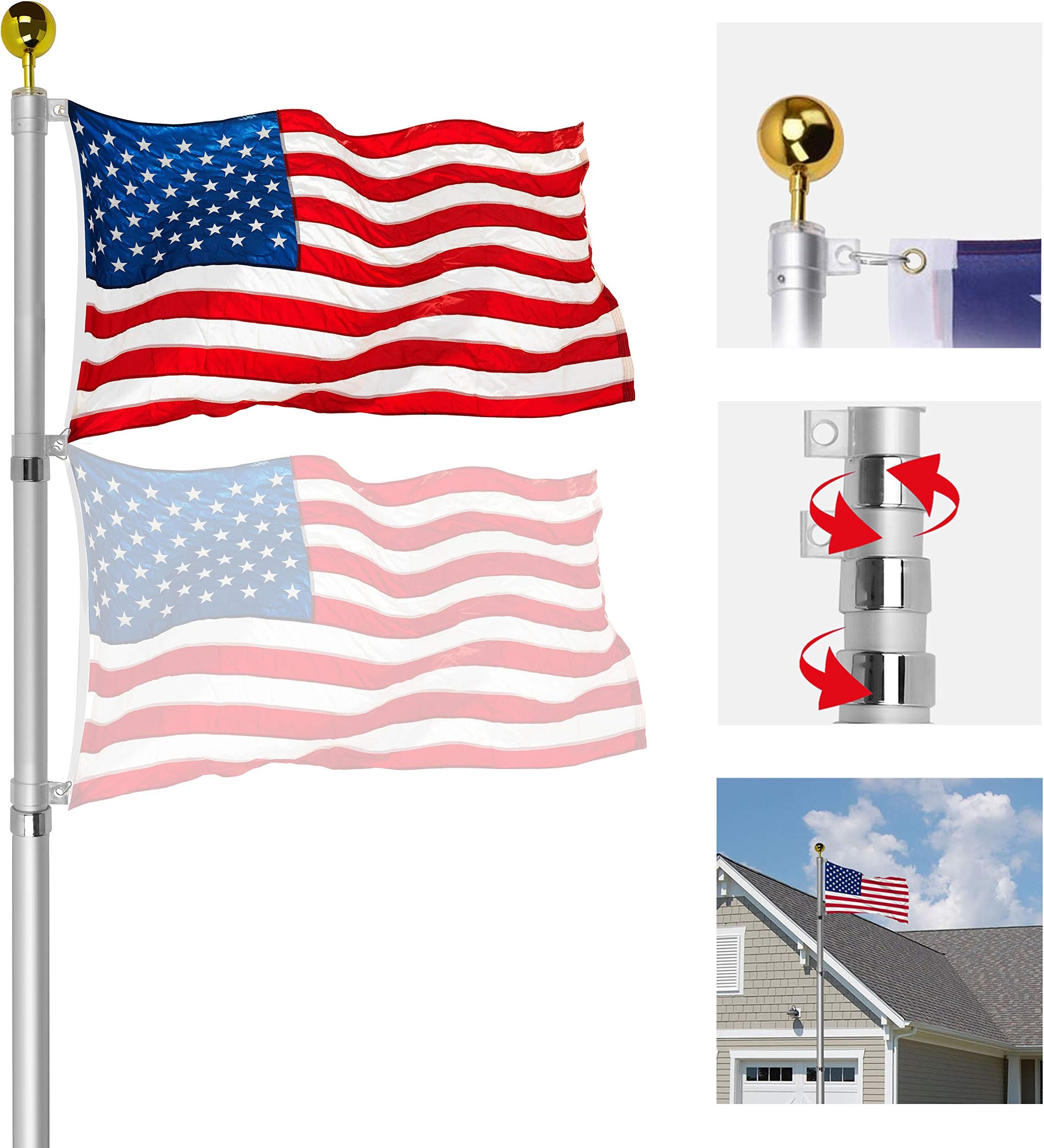 OUTNEE 25FT Flagpole Telescoping Flag Pole Kit Extra Thick Aluminum Flagpole Fly 2 Flags, Outdoor In Ground Flagpole with 3x5FT American Flag for Outside Yard/Residential/Company