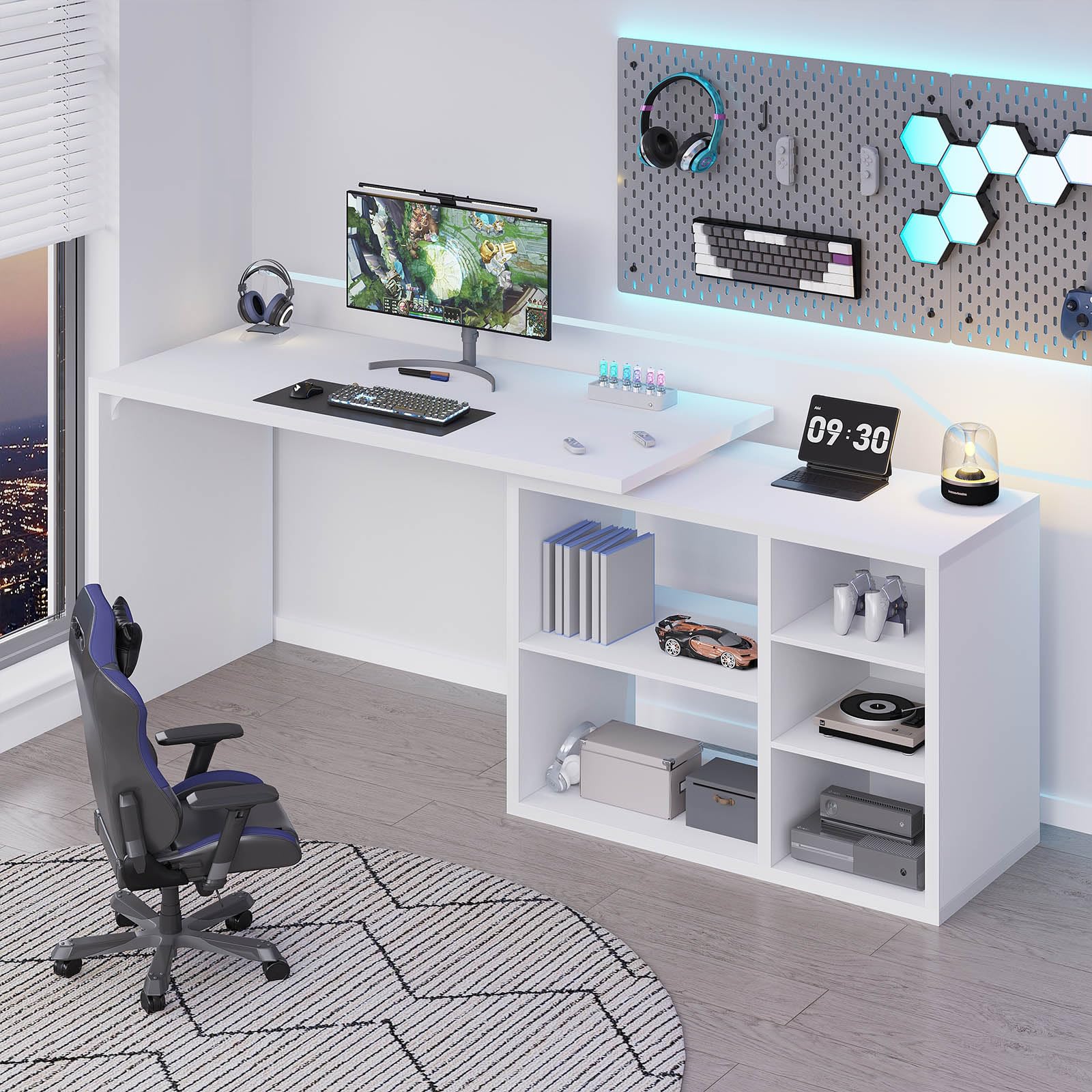 HSH Schreibtisch L Form mit Stauraum 140x60 cm Computertisch Eckschreibtisch mit Ablagefächer PC Ecktisch L-förmiger Gaming Tisch mit Regal für Büro Homeoffice Schlafzimmer Arbeitszimmer Weiß