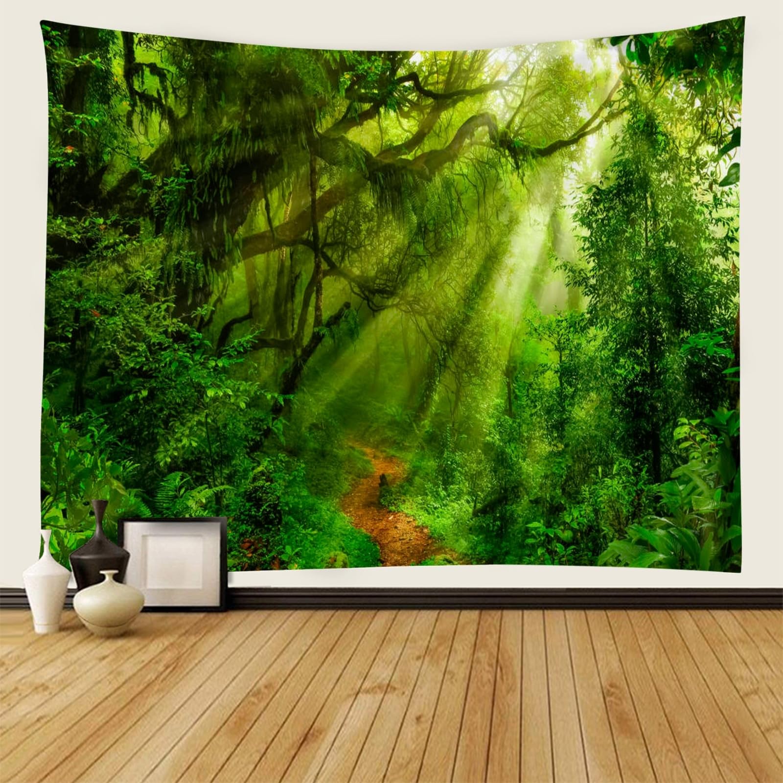 Skcess Arazzo da parete foresta verde 200 x 200 cm - Paesaggio albero alba - Arazzo da parete