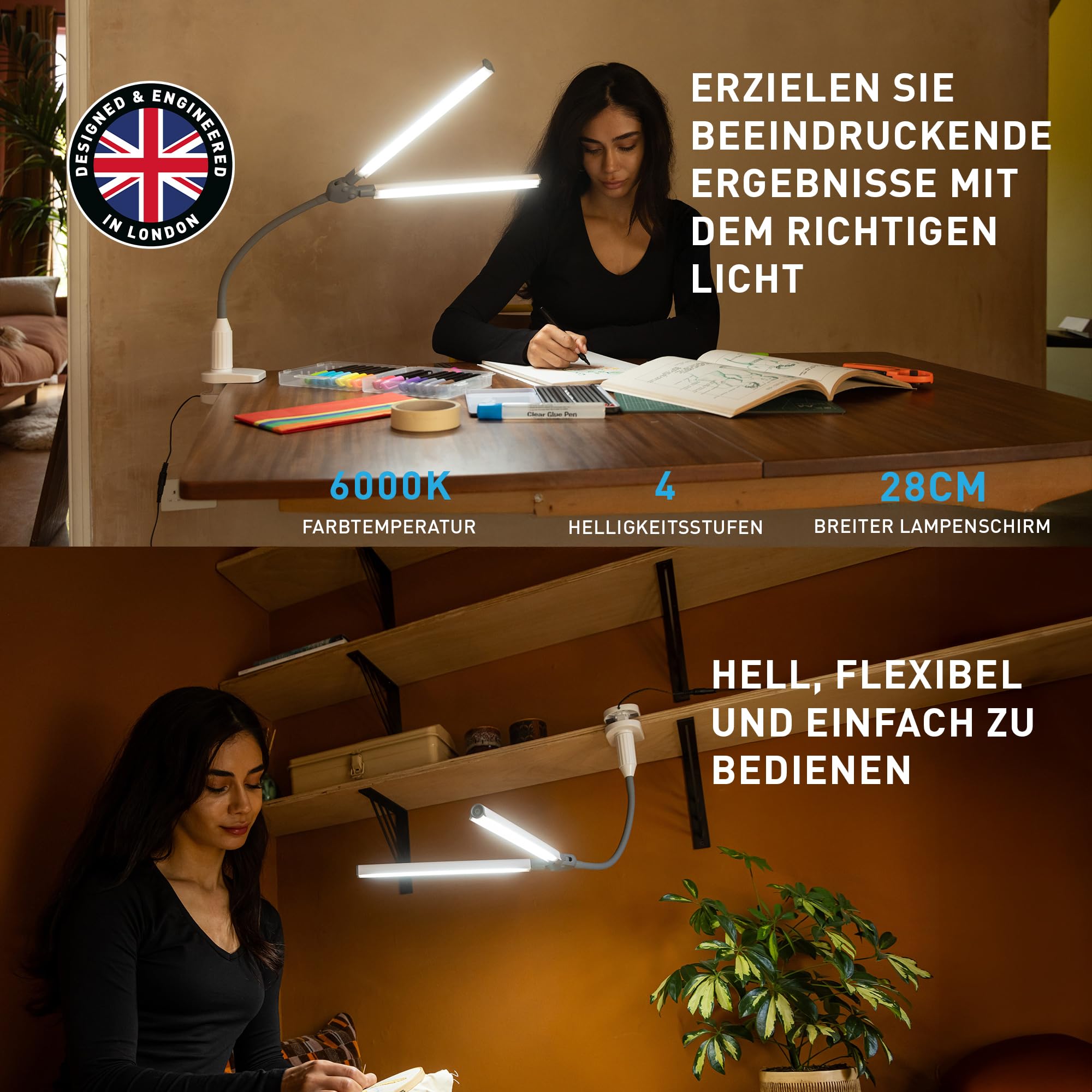 daylight DuoPro™ Clamp Lamp - High CRI 95+, Double Head Design, LED (6,000K, 2100 Lux), Anti-Glare Shades, 4 Brightness Levels, Flexible Arm, Sturdy Clamp (Grey/White)