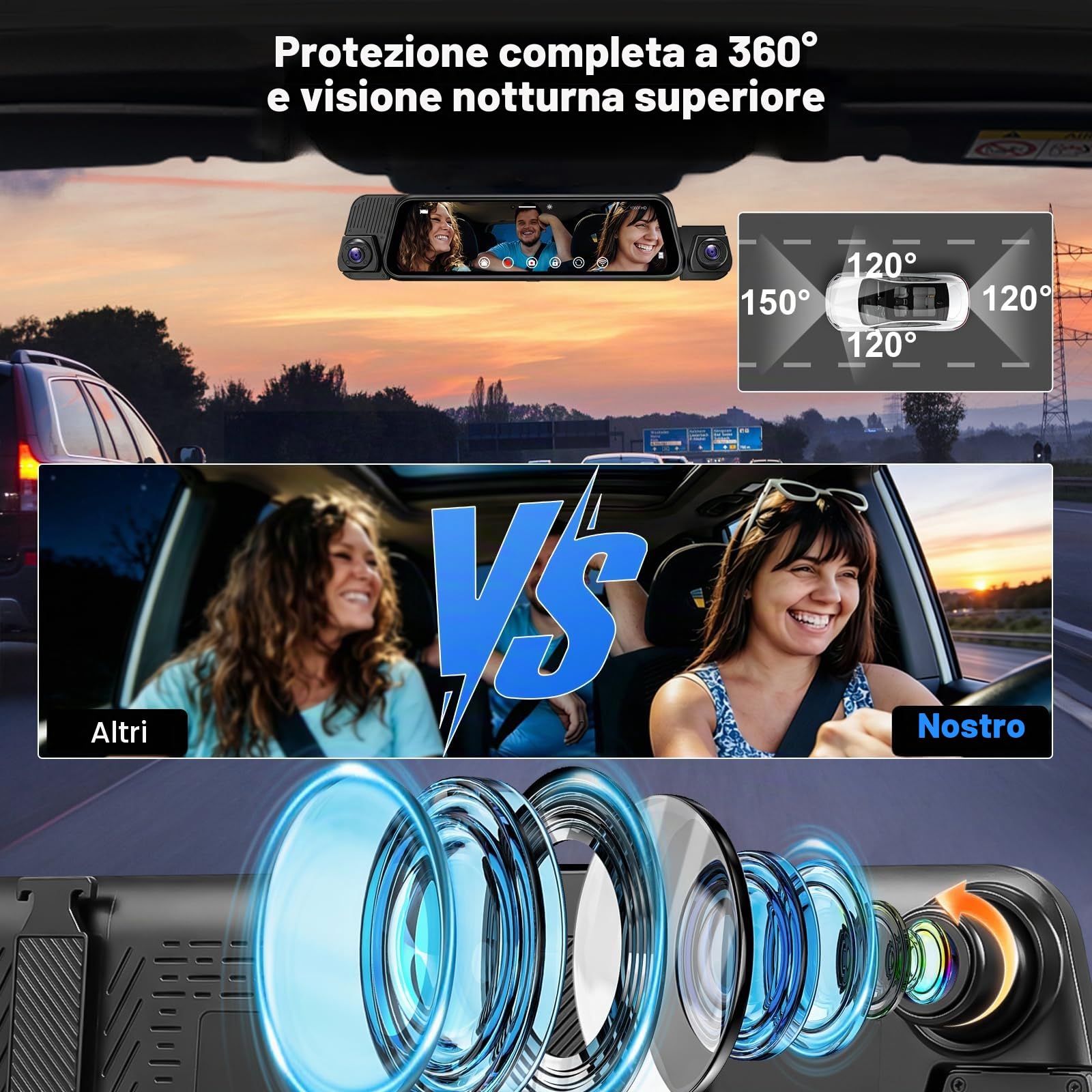 Specchio Retrovisore Auto 10 pollici Touchscreen, 4 Canali 1080P Dash Cam Specchietto Retrovisore con Scheda 64 GB, Visione notturna grandangolare 150°/rEgistrazione in loop