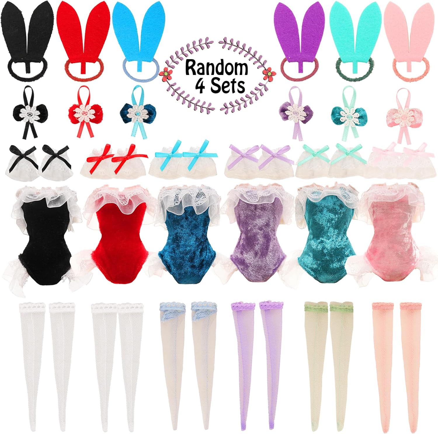 BARWA 4 Set Doll Clothes Bunny Costume Outfits Party Clothes for 11.5 Inch Doll Including Bunny Clothes, Headwear, Lace Sock, Garter Mitten, Bow Necklace