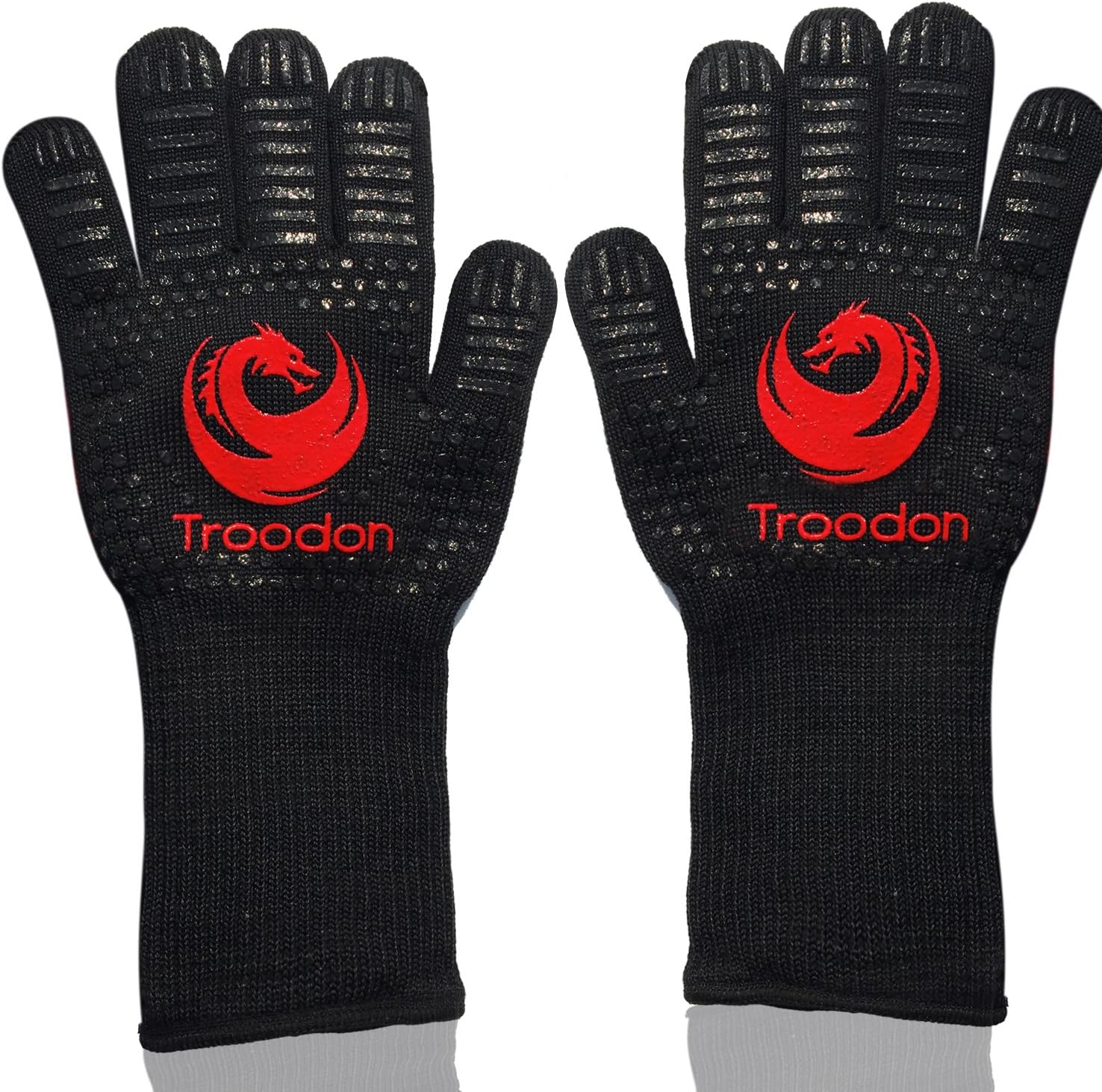Troodon BBQ Grilling Gloves, Extreme 932 °F/500°C Heat Resistant No-slip Silicone Grip Oven Mitts Camping Gloves 34cm Long Cut Resistant Forearm Protection(1 Pair)