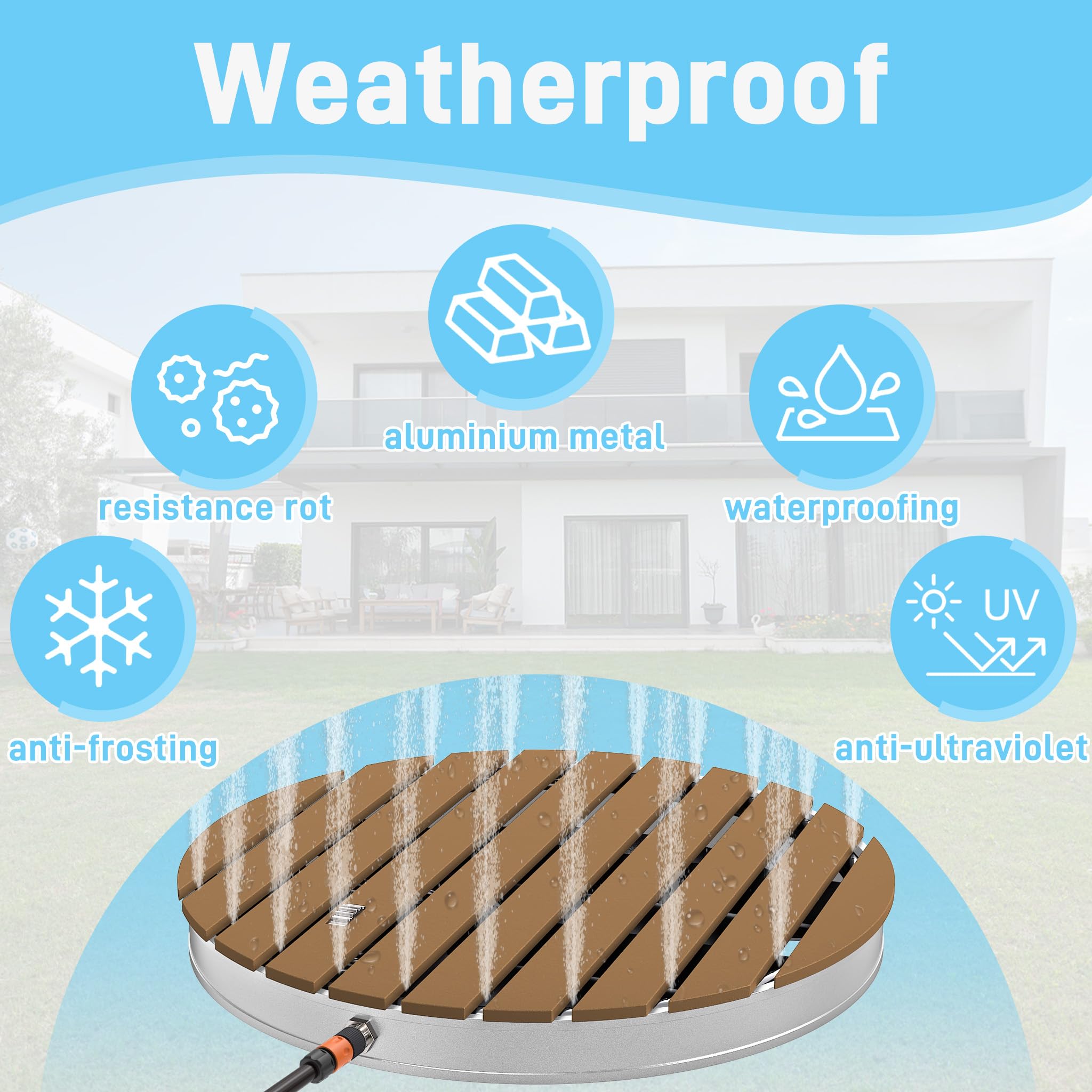 UISEBRT WPC Gartendusche Bodendusche mit Fußrad bis 4 m Fontänenhöhe,rutschfest wetterfest Frost- & UV-Beständig Außendusche für Pool, Camping, Sauna, Hundewäsche,Braun Rund (Ø 70cm)