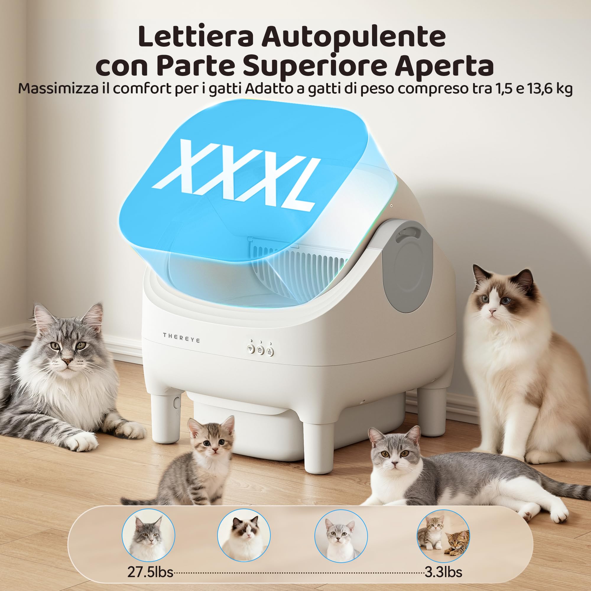 Thereye Lettiera Gatto Autopulente, Lettiera Automatica Per Gatti con Controllo App, Sensore di Sicurezza, Anti-Odore, Contenitore per Rifiuti da 10 L, per Gatto di Grandi/Più Gatti (3-30lb)
