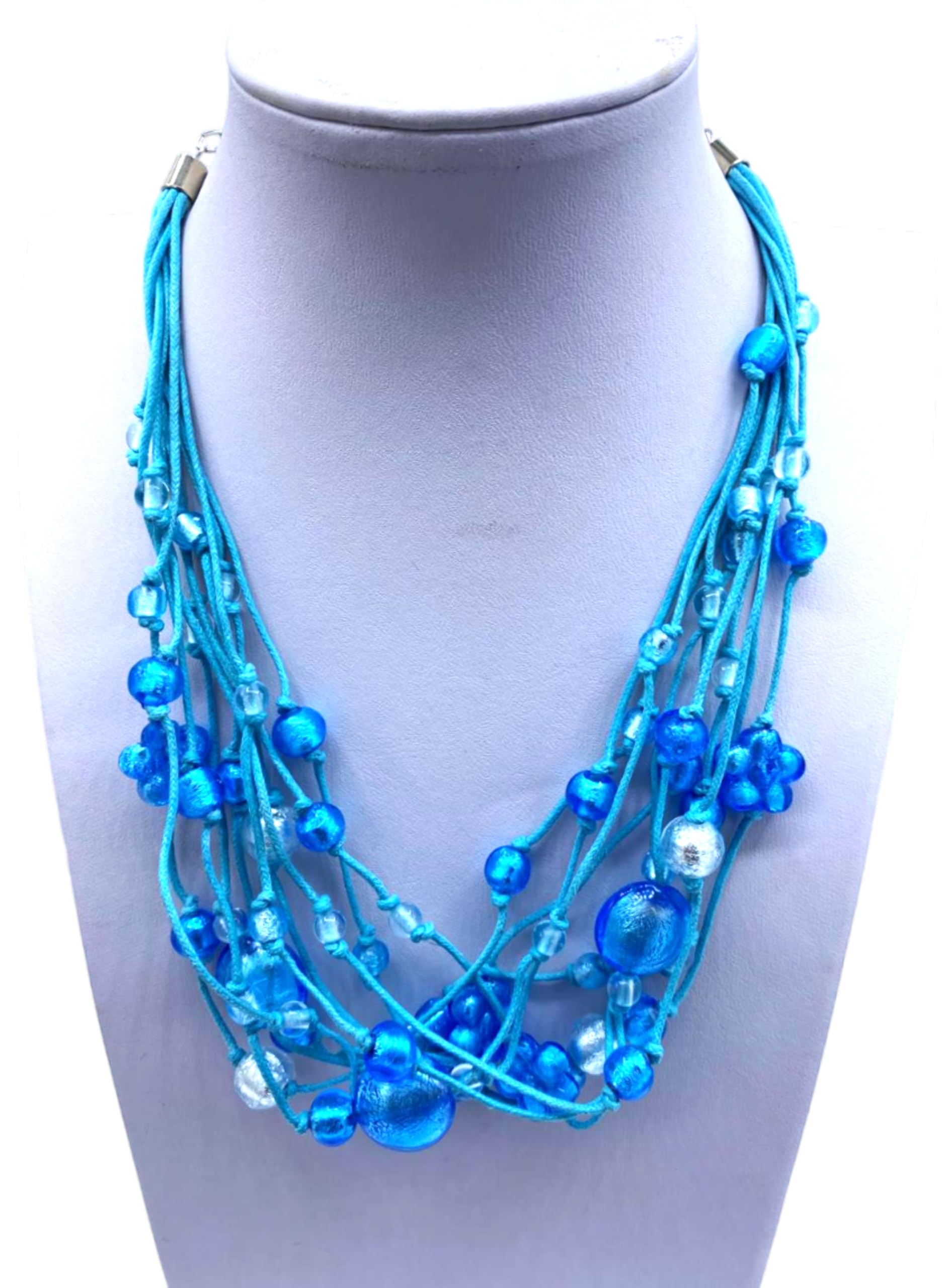 Collana in Vetro di Murano, Blu Multi-Filo con Perle, 45 cm,