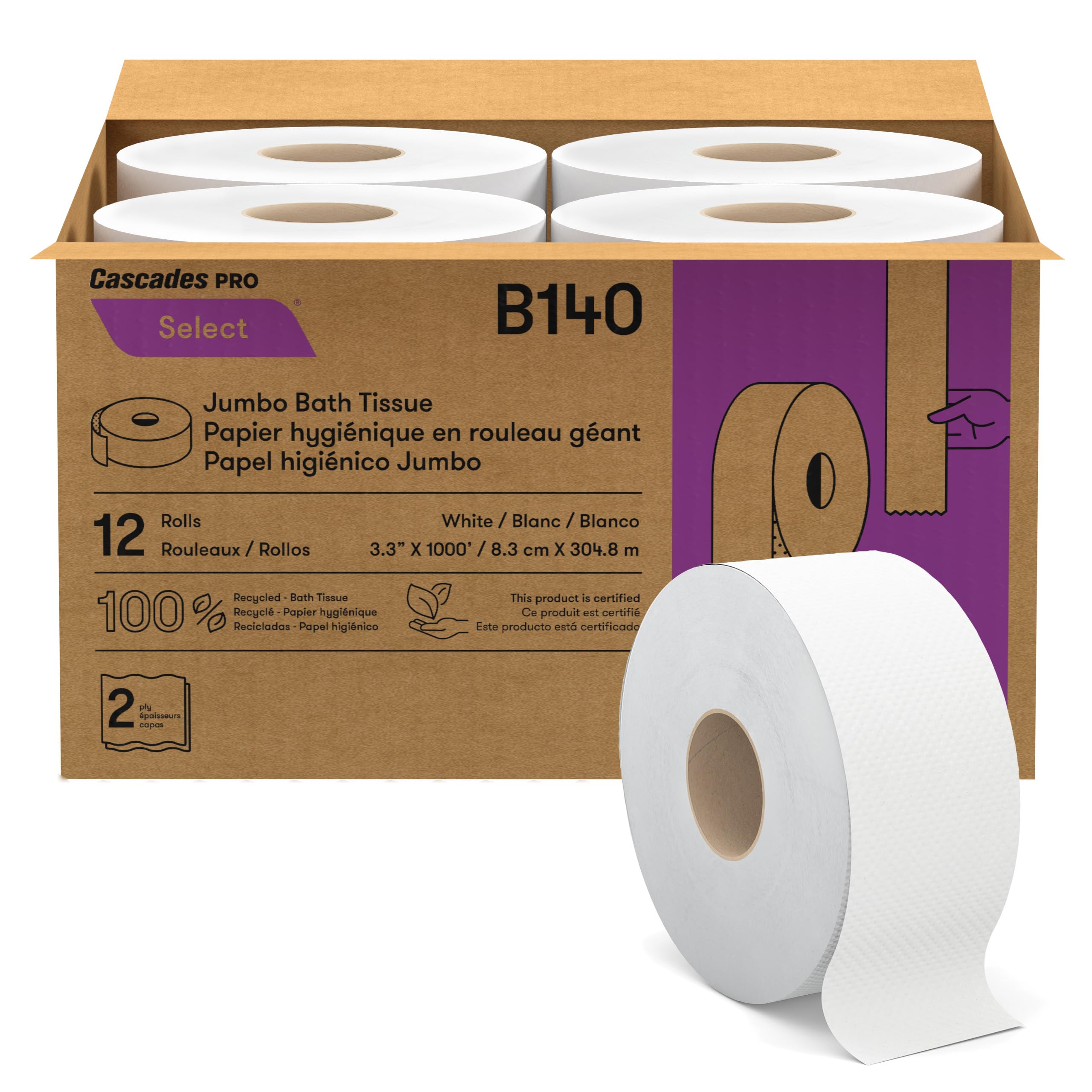 Select Jumbo Roll Premium Bath Tissue 2-Ply - Suitable for universal dispensers -Toilet Paper is Septic Tank Safe, Certified, Recycled - 1000' length/Roll, 12 Rolls/Box - B140 - White