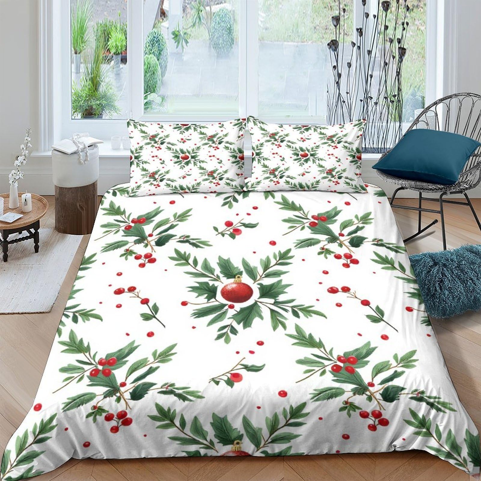 Ctjqhvkz Style-7 3D Printed Christmas Holly Fitted Sheet Microfiber Soft Breathable Red Berry Bed Cover For Bedroom Guestroom Decor Single（135X200cm）