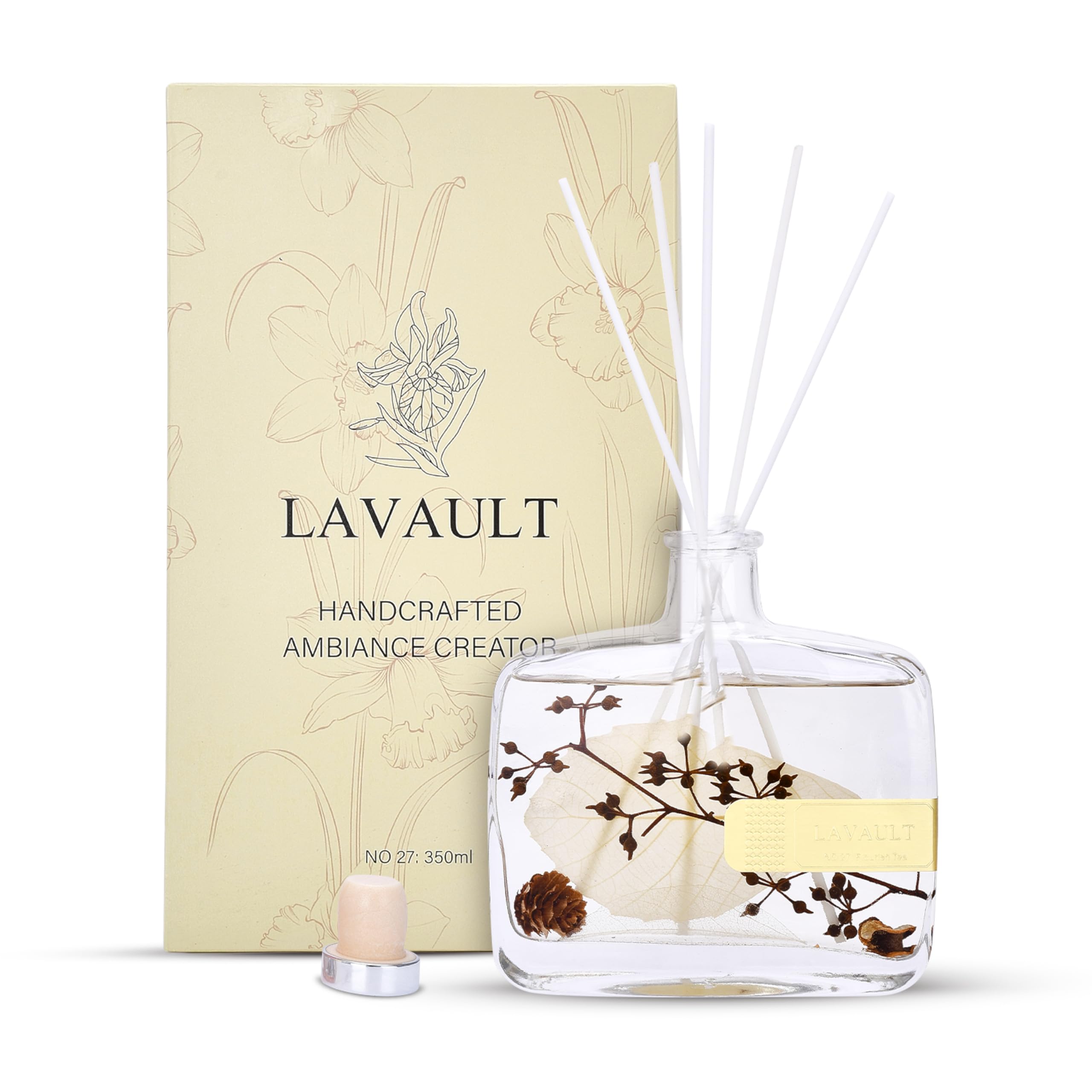 Reed Diffusers for Home - Greenwhite Ornaments - 100% Natural Materials - Long-Lasting Fragrance - Relaxing Atmosphere, Easy-to-Use & Eco-Friendly, Reusable Glass Bottle Flourish Tea Aroma