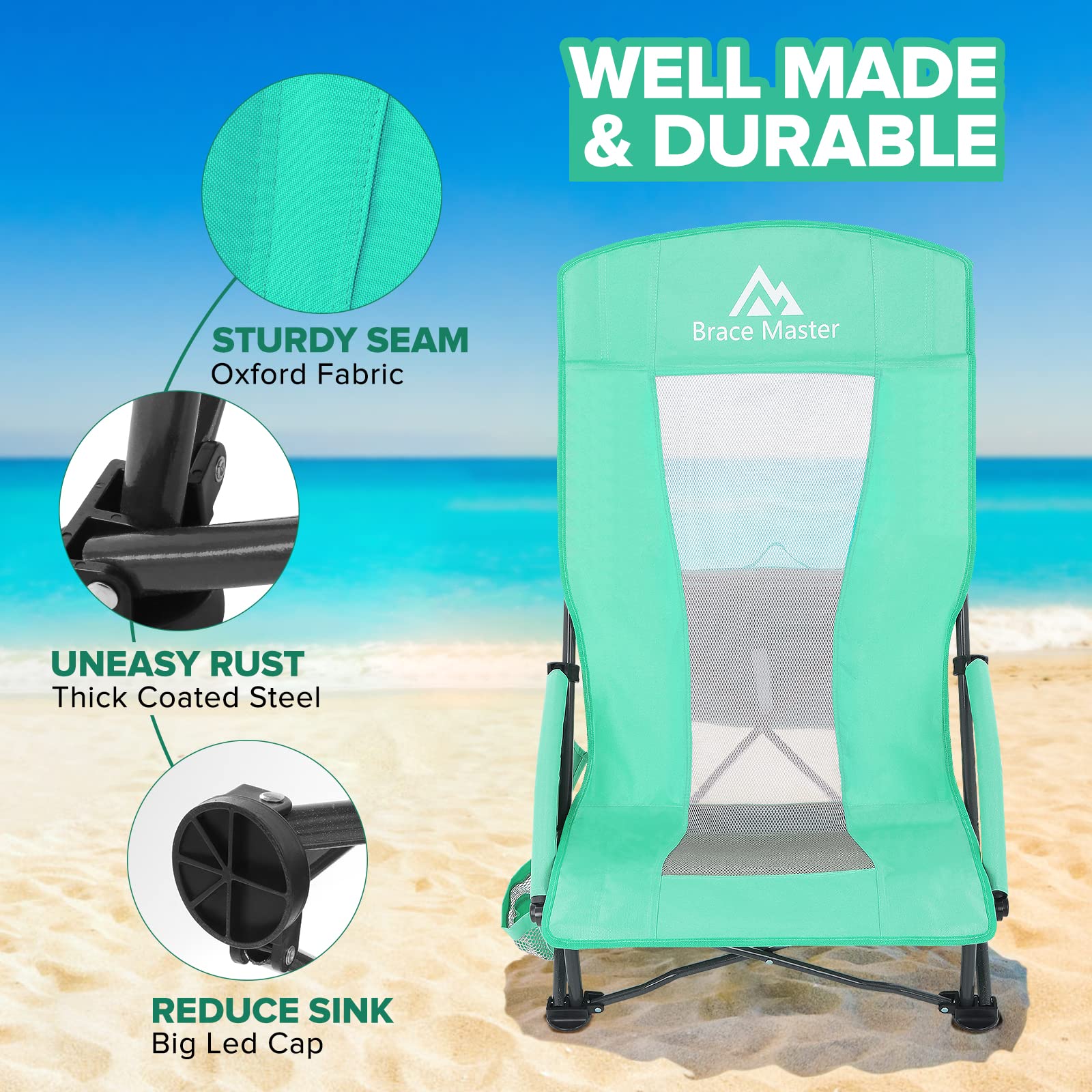 Brace Master Sedia da Spiaggia Campeggio Pieghevole, Schienale Alto Sedia Pieghevole con Portabicchieri, Dispositivo di Raffreddamento E borsa per Telefono per Giardino Campeggio Spiaggina