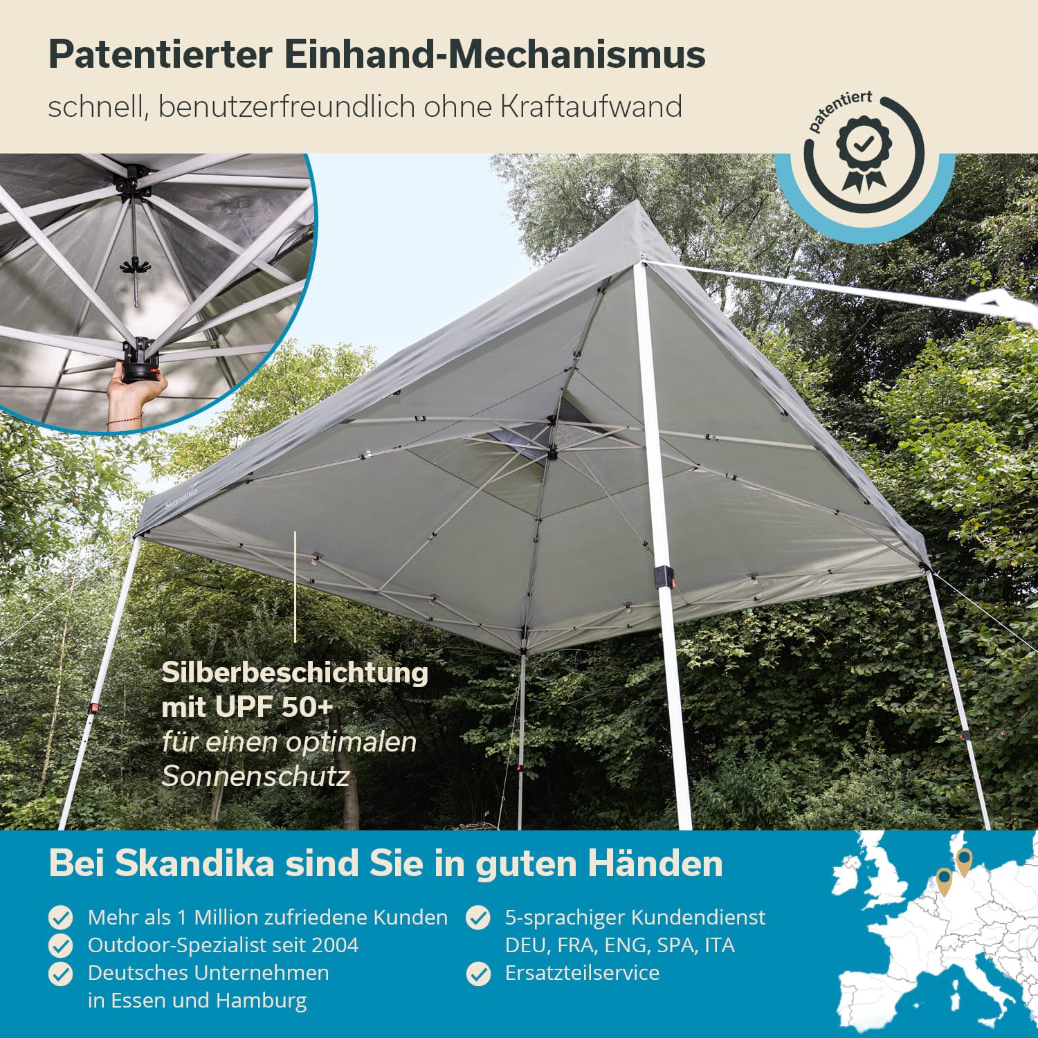 Skandika Pawilon Solvorn 3 x 3 m, opatentowany mechanizm jednoręczny, składany pawilon typu Pop Up ze stalowym stelażem, ochrona przed promieniowaniem UV 50+, odporny na warunki atmosferyczne,