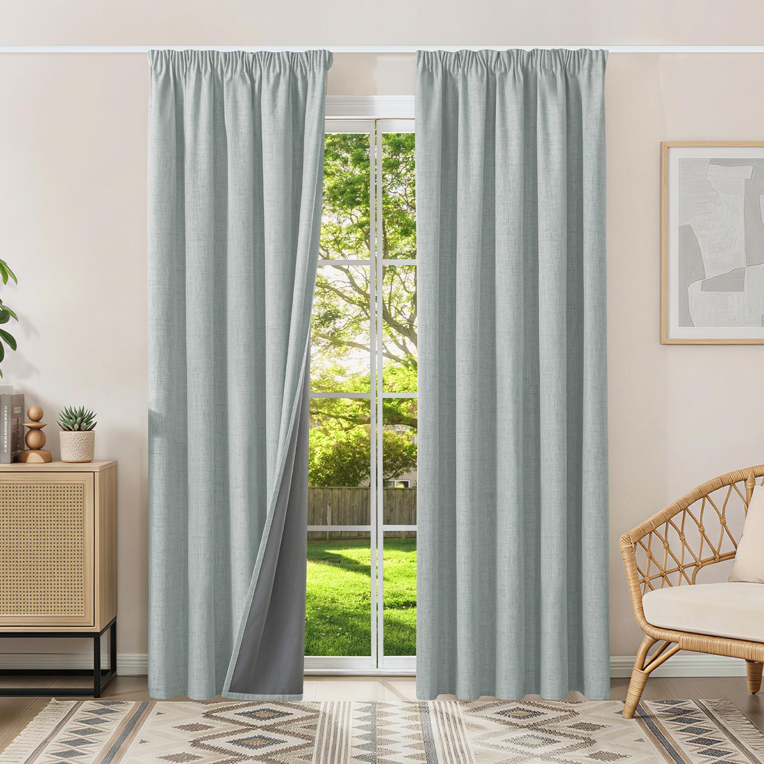 Runyéla 100% Blackout Curtains Pencil Pleat Linen Curtain for Bedroom Living Room Thermal Insulated 66 x 72 Inch Drop 2 Panels Sage Green
