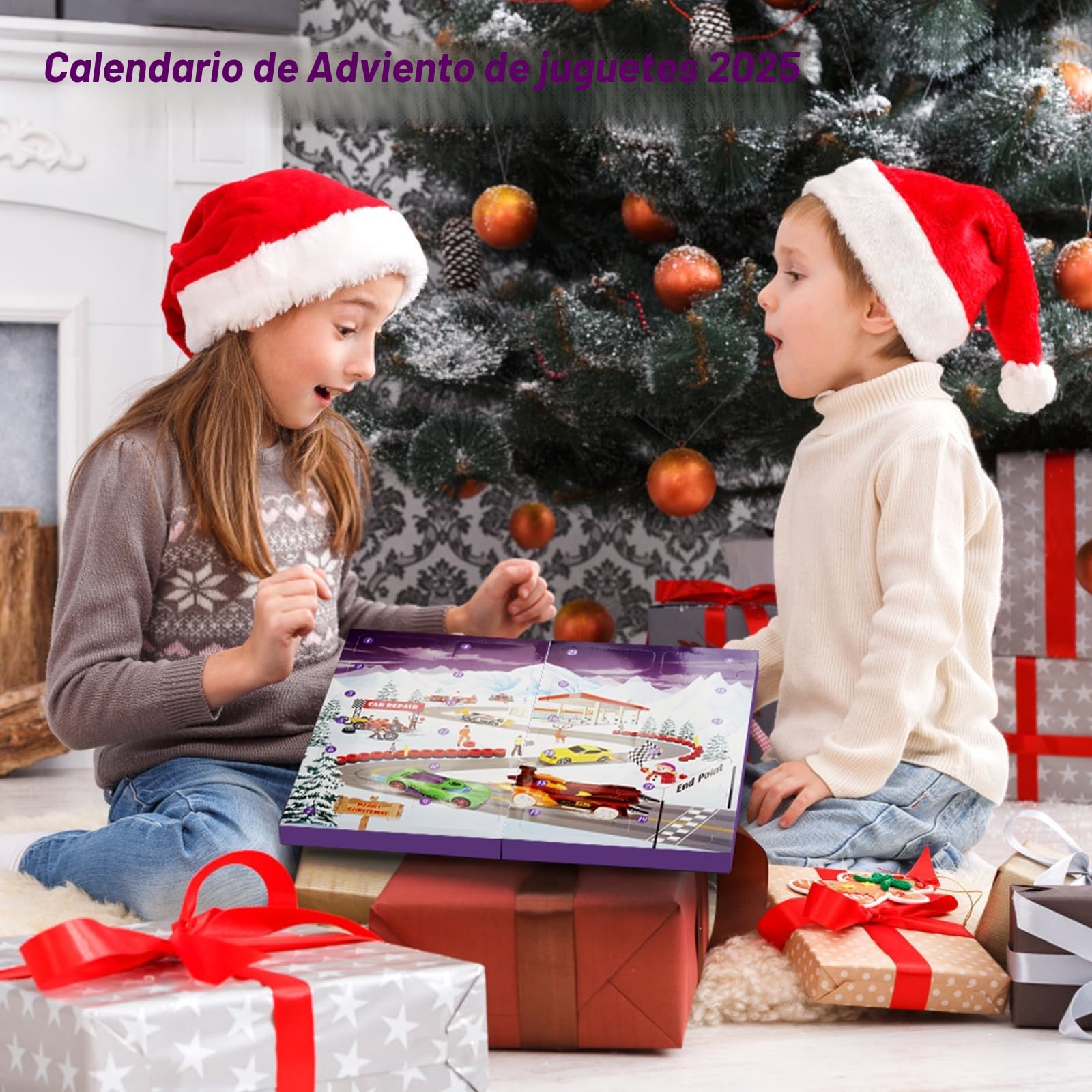 Calendario Adviento 2025, Christmas Advent Calendar con 16 Juguetes para Autos, Mapa y 6 Personajes de Dibujos Animados, Juguetes Calendario Adviento Niños, Ideal para Regalo Sorpresa de Navidad