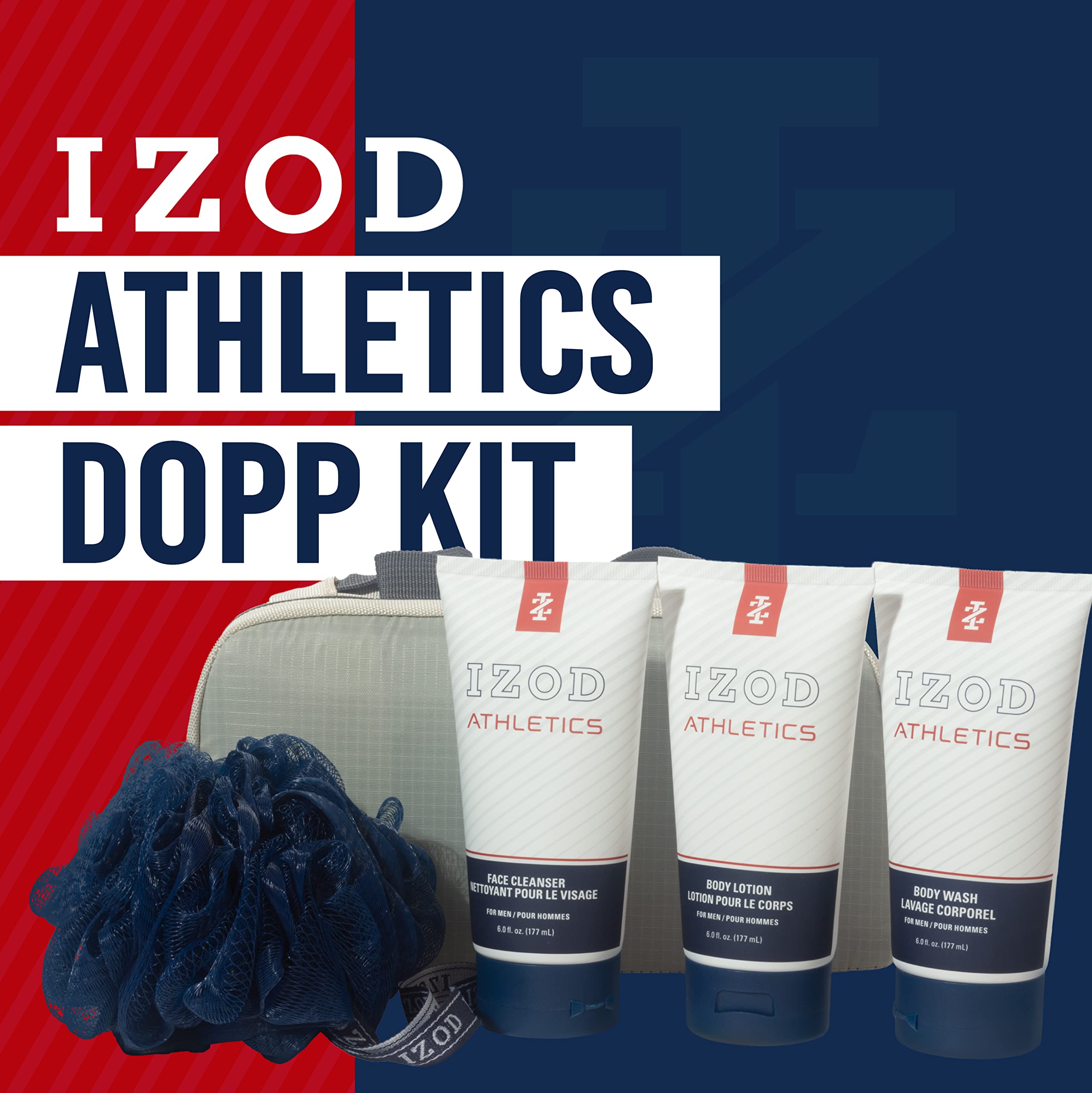 IZOD 5pc Dopp Kit Toiletry Bags Set, Travel Bag/Body Wash/Body Lotion/Face Cleaner/Mesh Sponge, Double Pull Zipper, Athletics Collection (Athletics)