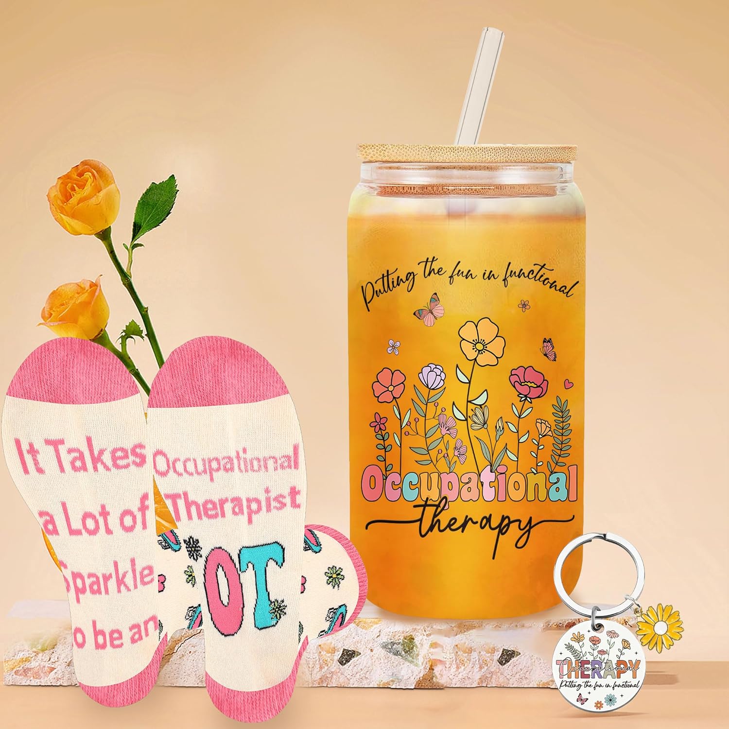 Occupational Therapy Gifts for Women, Appreciation Gift, Includes 16 oz Glass Keychain Sock, Birthday Christmas Thanks Present for Occupational Therapist - Image 5