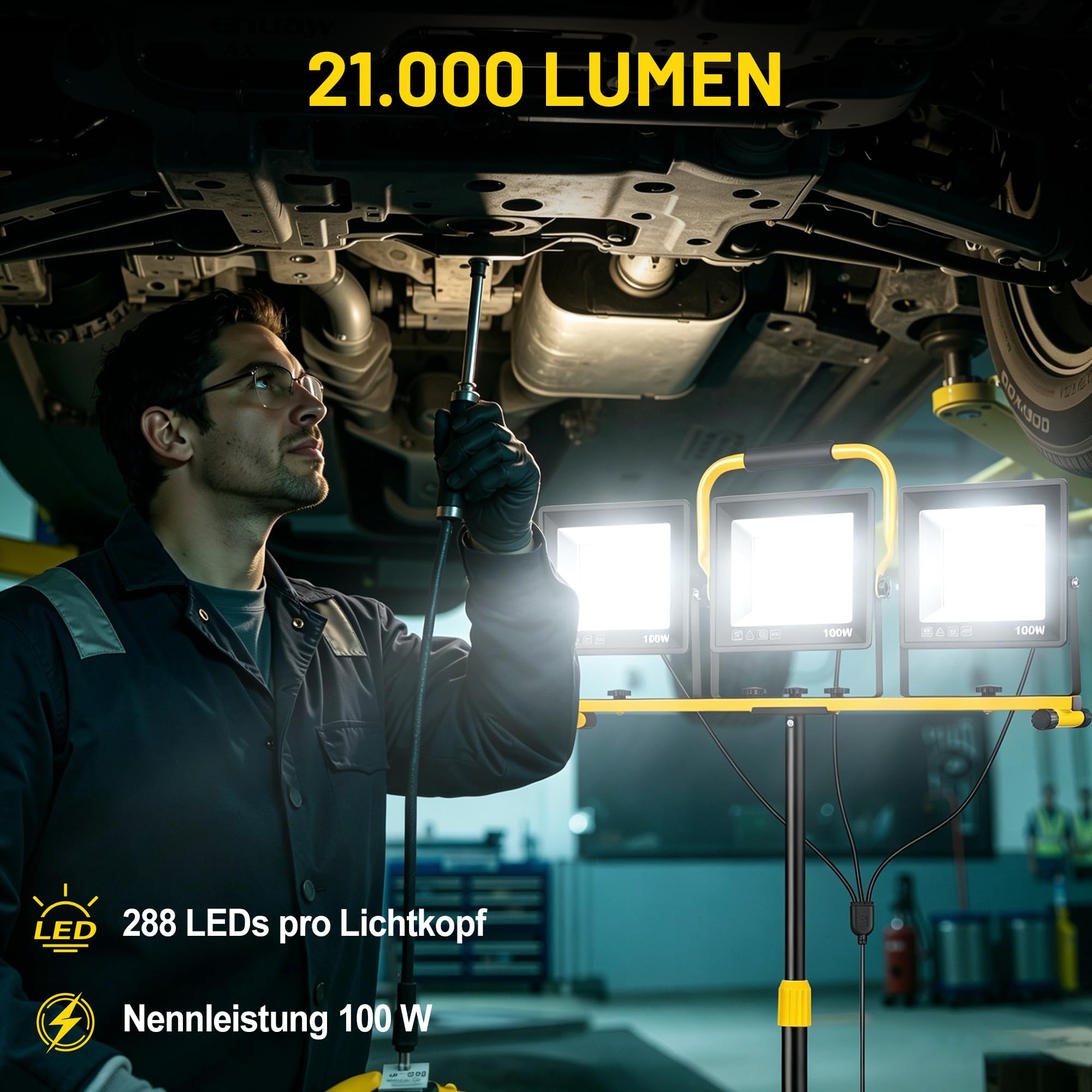 YEARTOP Baustrahler LED mit Rollstativ, IP66 Baustrahler mit 5 m Netzkabel | Höhenverstellbar 98-155 cm, 300W Baustellenlampe Dreifarbig (3000K/5000K/6500K) für Baustelle/Renovierung/Detailing/Werkstatt