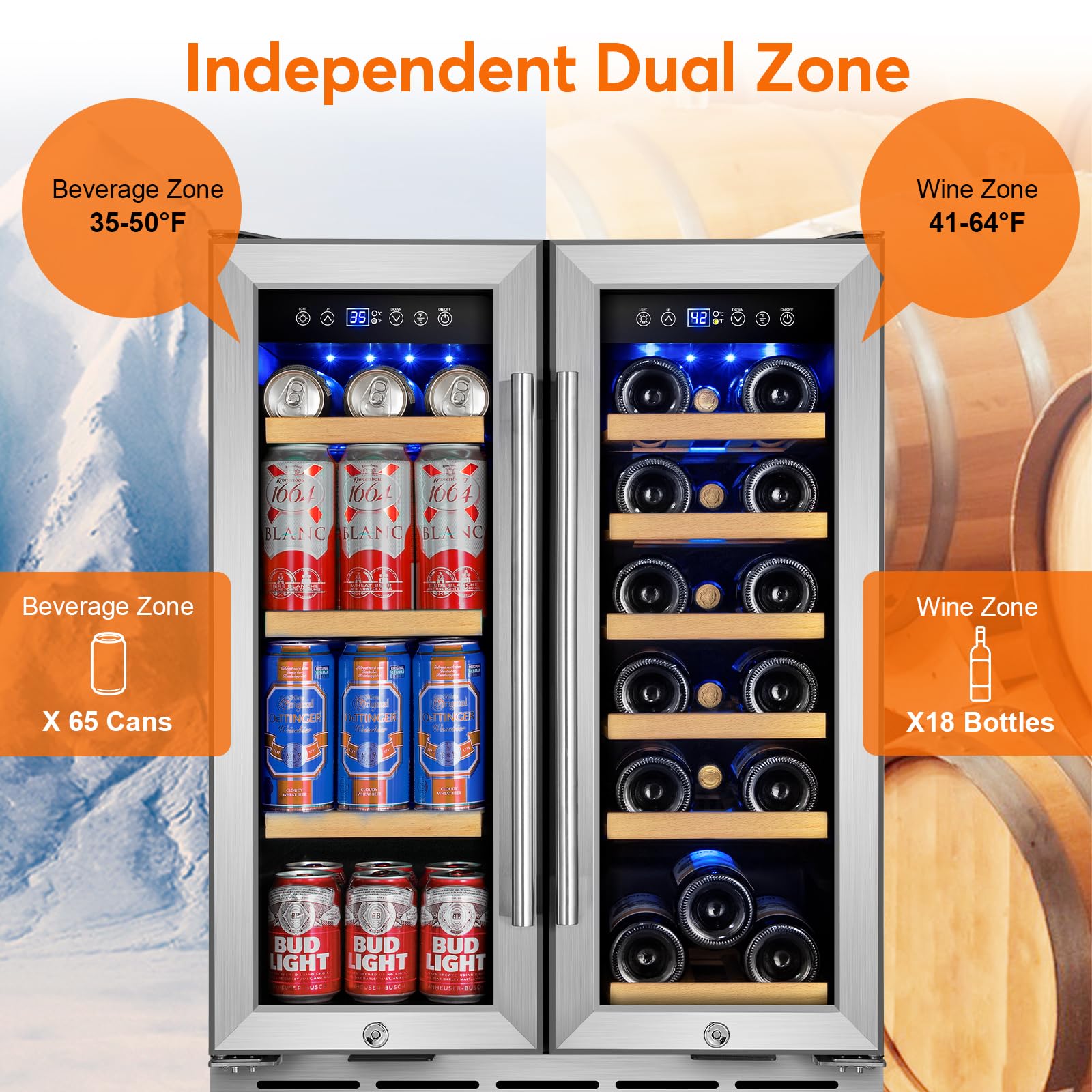 turephe Wine and Beverage Refrigerator with Glass Door, 24-Inch Dual Zone Wine Fridge Under Counter, 18 Bottle and 65 Can Large Capacity Led Blue Light Smart Fast Cooling Wine Cooler on Fridge.com