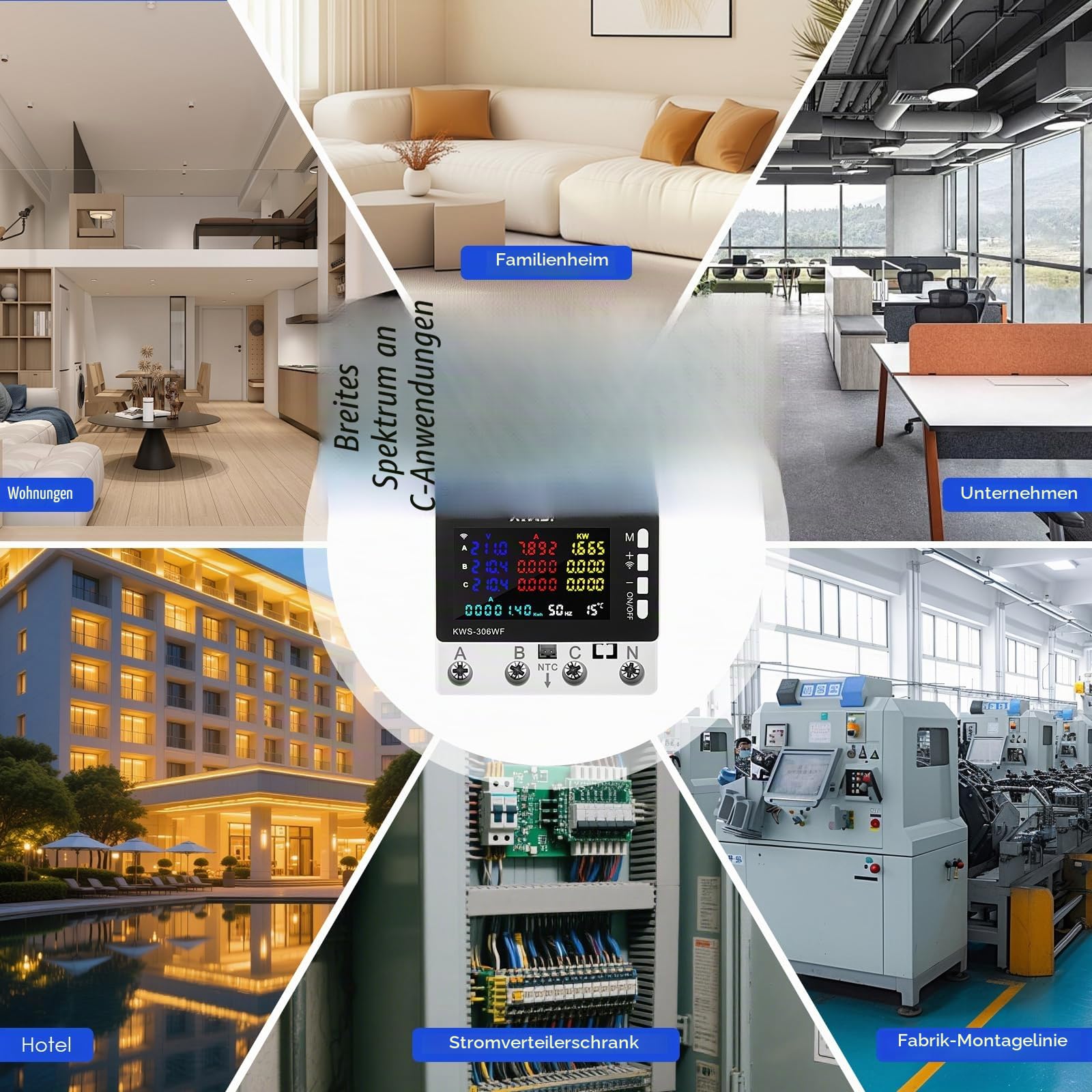 3-Phasen WiFi Stromzähler, 10-in-1 Smart Energy Monitor mit Tuya App, Digitaler kWh Zähler DIN Schiene, 85-290V AC 0-80A, Leistungsmessgerät, Volt Ampere Wattmeter für Haushalt & Industrie