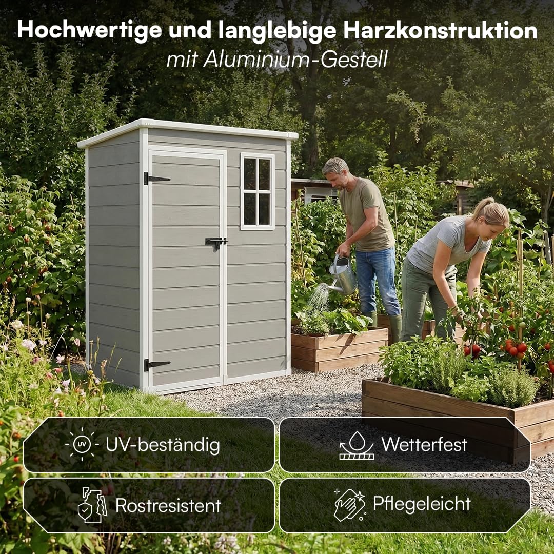 STEELSØN Novara Gerätehaus – Gartenschuppen mit Pultdach & Fenster – Gartenhaus 192x92x151 cm (HxTxB) – Geräteschuppen aus Kunststoff in Grau – Gartenhütte wetterfest & rostfrei – Schuppen