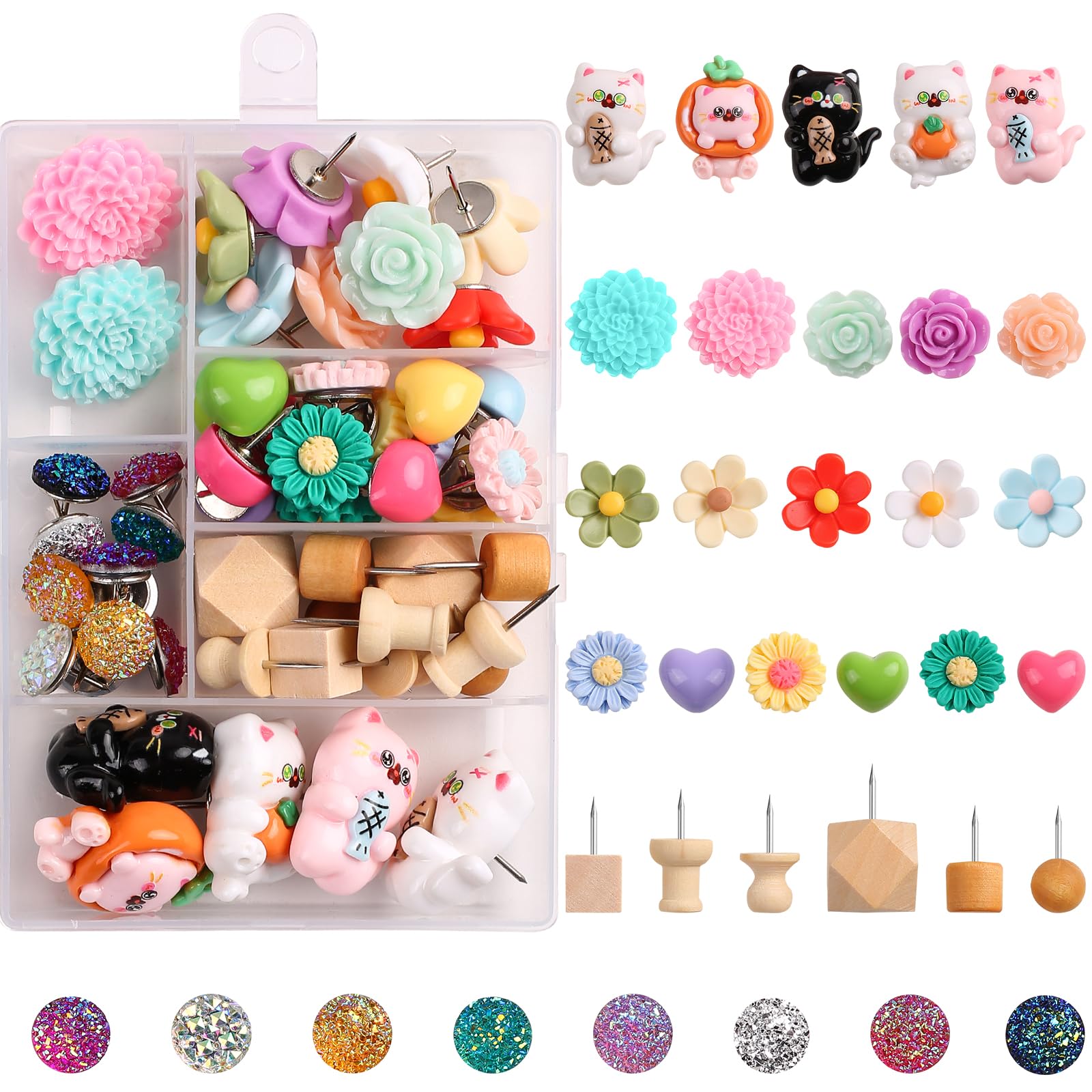 SunAngel Shiny Diamond Push Pins Flower & Heart Thumb Tacks Wooden Pin Clips Board Tacks Assorted Cute Cat Push Pin Clips for Cork Board Wall Cubicle for Home Office Desk (50 PCS)