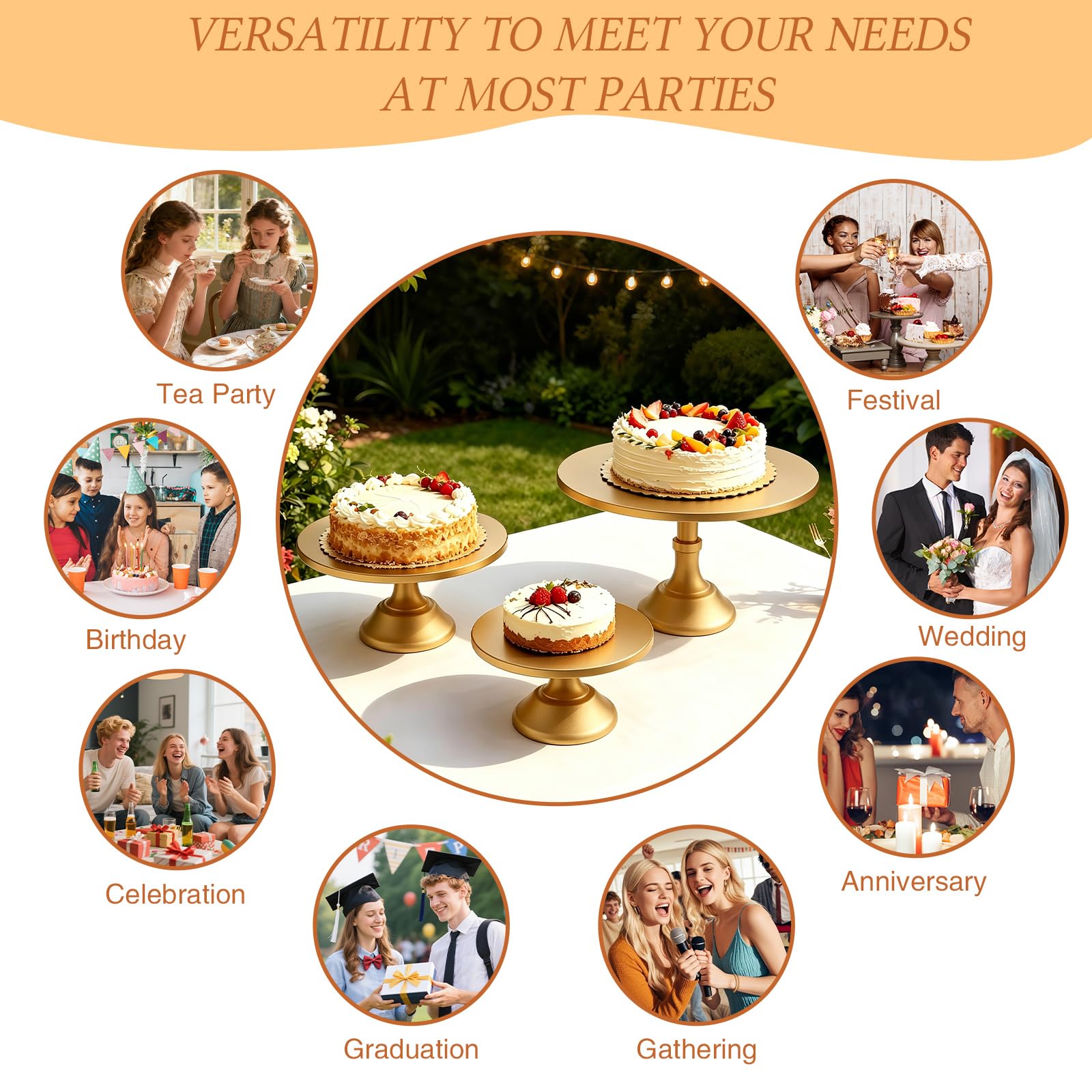Confezione da 3 supporti per torte in metallo per torte da 15-30 cm, perfetto per dessert, cupcake e torte per feste, matrimoni, compleanni, baby shower, anniversari (oro)
