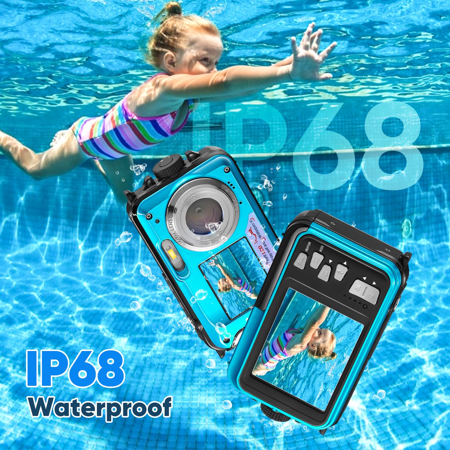 Cámara Acuatica Cámara Digital a Prueba de Agua,Full HD 2.7K 48MP Sumergible Zoom Digital 16X Acuatica Niños Duales antivibración para bucear con esnórque