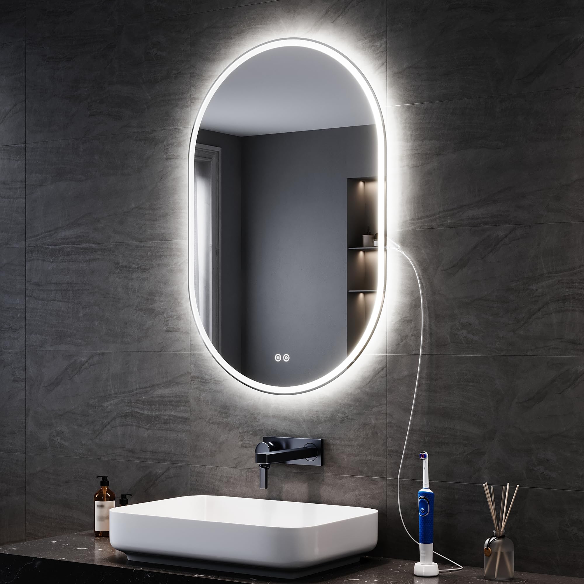 SONNI Specchio da bagno a LED con presa 90 x 60 cm, ovale specchio da bagno con illuminazione, funzionamento touch + anti-appannamento + 3 colori, dimmerabile e memoria di interruzione di corrente
